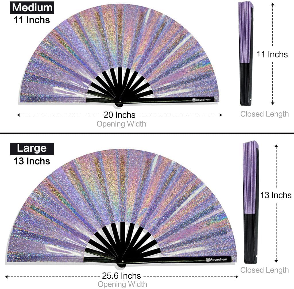 Large Rave Fan, Clack Folding Hand Fan with Premium Fabric, Thick Bamboo Frame for Men Women Gift for EDM, Festival, Club, Party, Dance, Decoration (Lridescent Purple, 13")