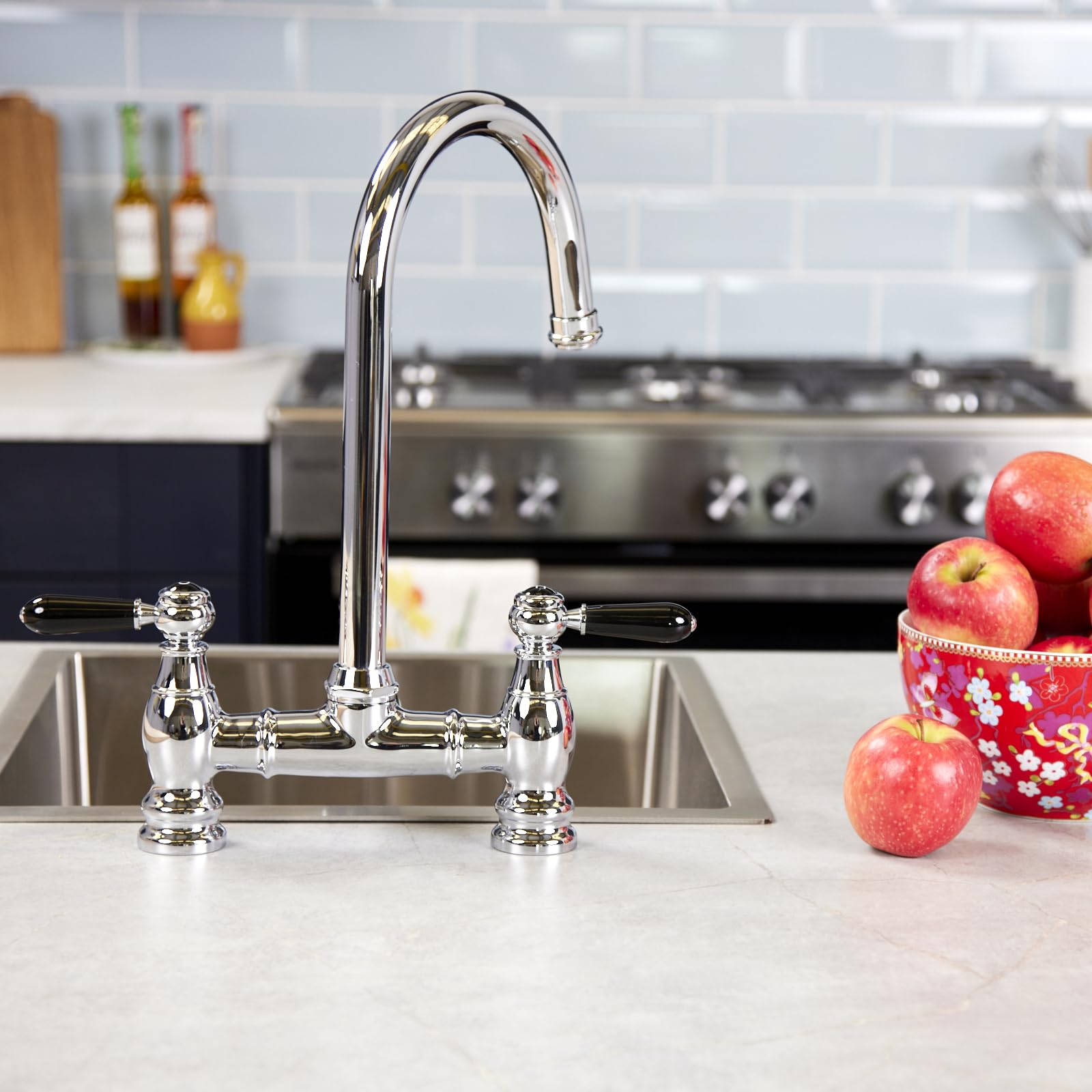 Flode Chrome Klas | 3 In 1 Instant Traditional Bridge Boiling Tap - Full Kit | Black Ceramic Levers | 3 In 1 Boiling Water Tap With Tank & Filter - Instant Hot Boiling Water In Your Kitchen (Chrome)