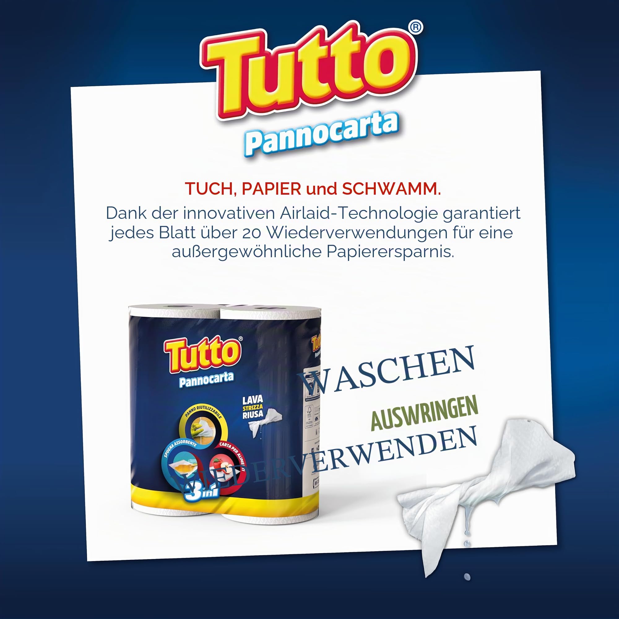 Tutto Pannocarta 3 in 1, 20 Mehrzweck-Papierrollen, 1 Schicht, 48 Risse, extra saugfähig, waschbar und mehr als 20 Mal wiederverwendbar, 100% Made in Italy