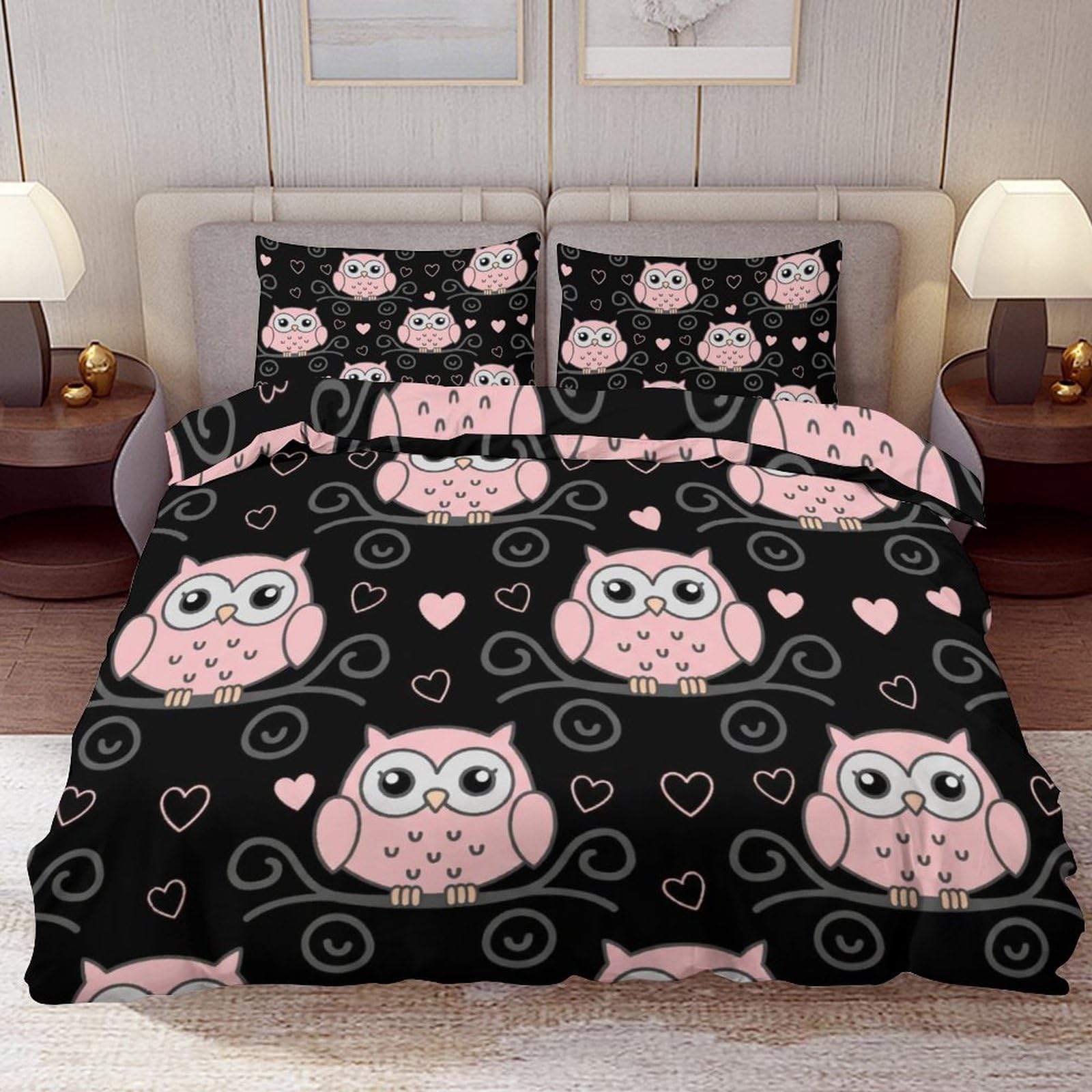 Delerain Comforter Cover Set King Size, Cute Cartoon Pink Owl 3-Piece Bedding Set for Women Men Modern Soft Microfiber Bedroom Set Room Decor, 1 Duvet Cover + 2 Pillowcases