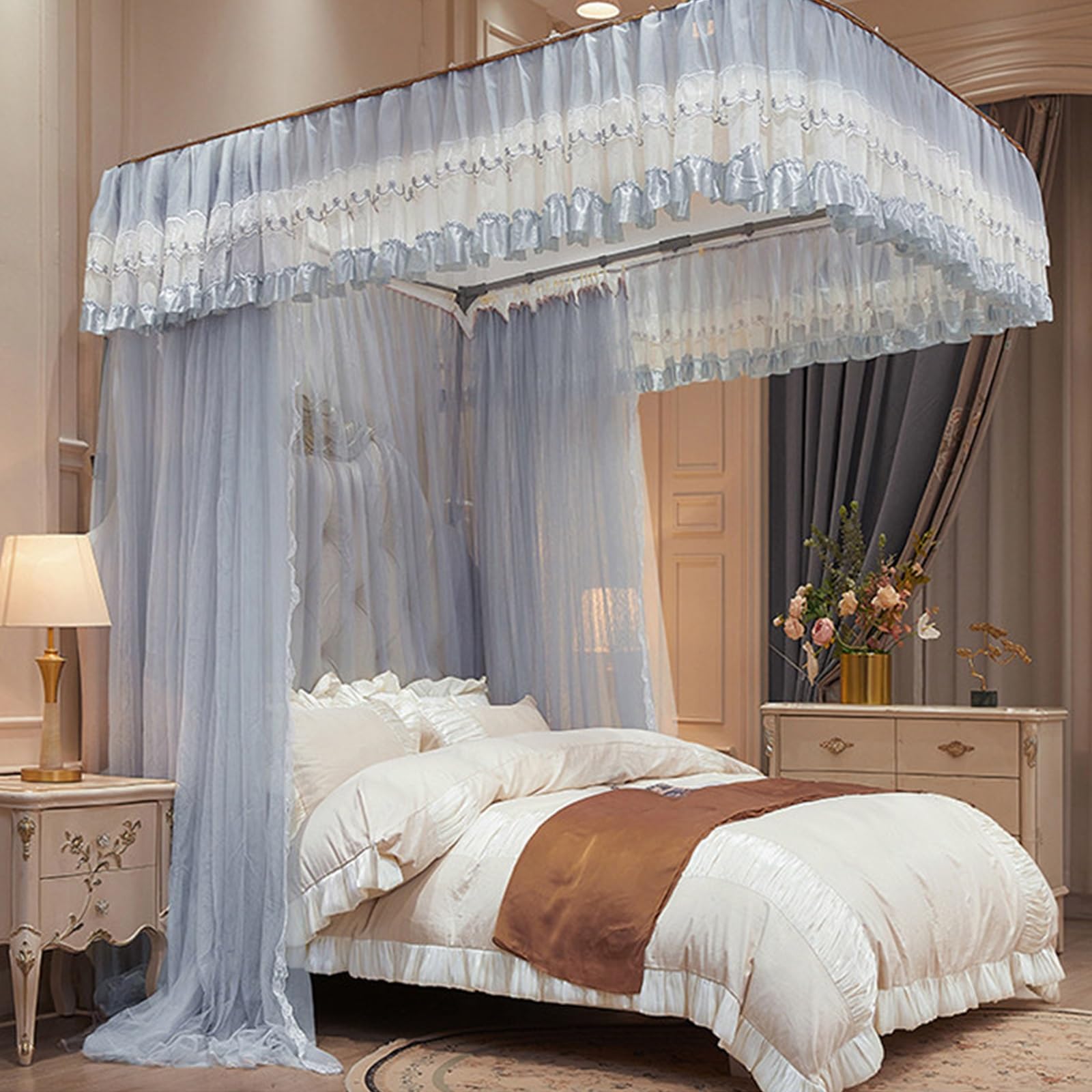 SARKEY U-Shaped Rail Bed Canopy Curtain,Lace Up Ruffle Princess,Girls Bedroom(BL,150x200x210cm(59"x79"x83"))