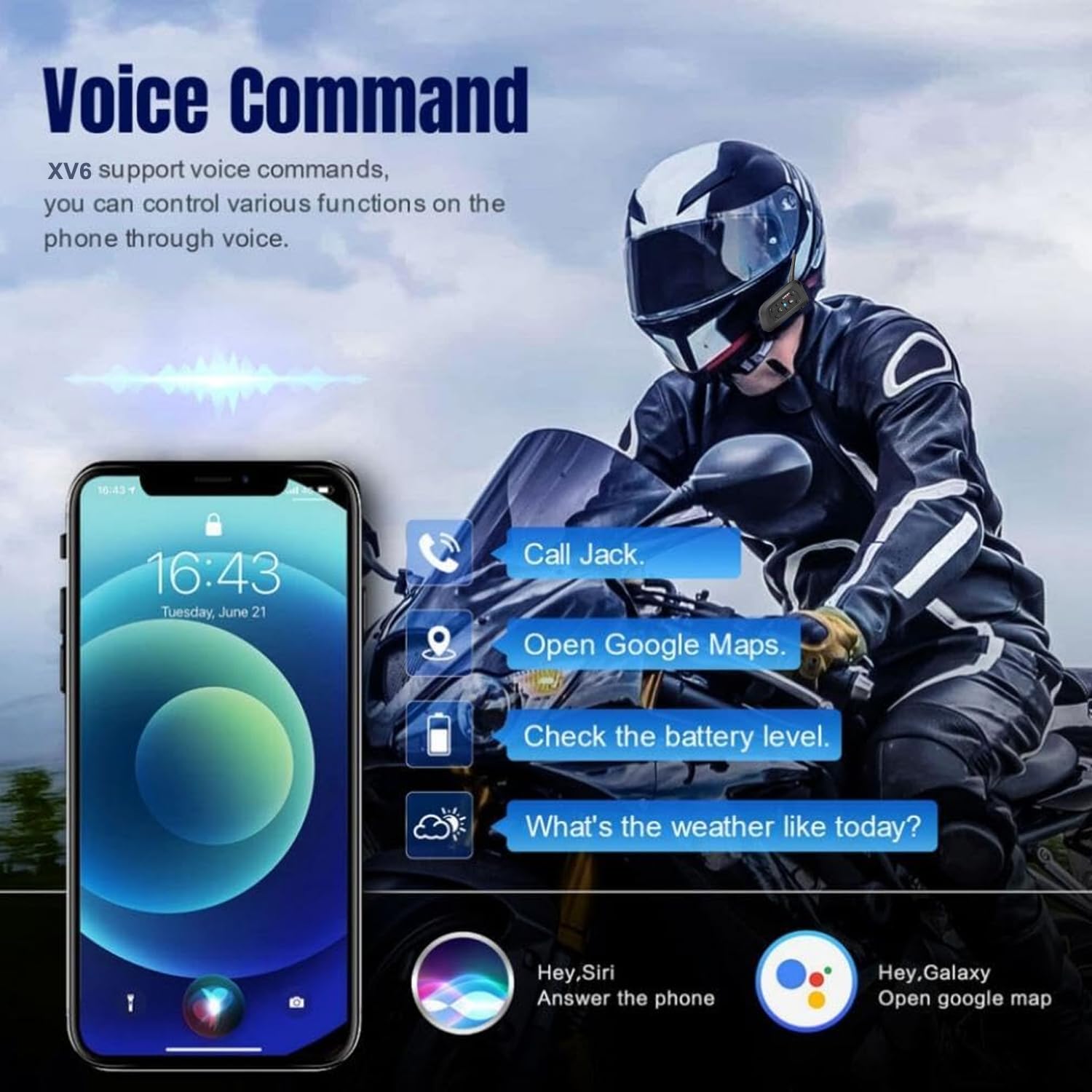 Casco da Moto Intercom V6 Bluetooth Comunicazione Vivavoce per 6 Riders Portata 1200m Qualità audio HD Resistente all'acqua per Moto/Bicicletta/MTB (Pack 2)