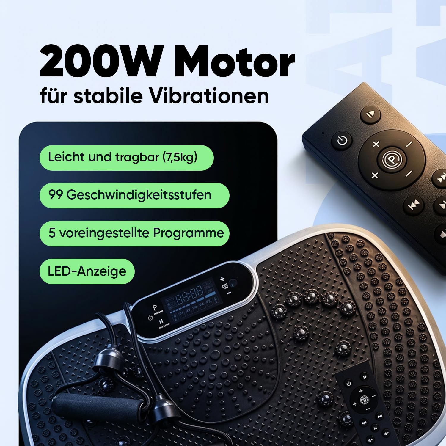 Vibrationsplatte - Fitnessgeräte für Zuhause - 99 Intensitätsstufen - 5 Trainingsprogramme - Massagegerät & Sportgerät mit Bluetooth für Home Workout - Mit Widerstandsbändern - WeightWorld