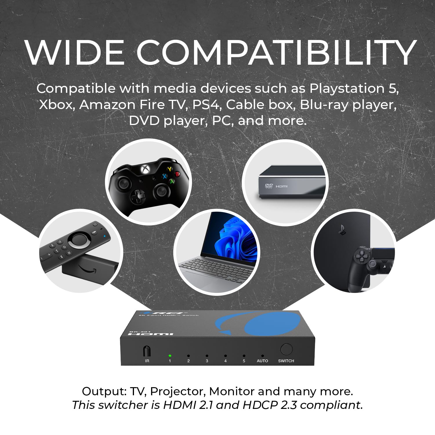 OREI Switch HDMI 8K 5 in 1 Out - Interruttore HDMI con telecomando 8K @60Hz 4:2:0/4K @120Hz 4:4:4-48Gbps Switcher con HDR10+, VRR, ALLM & QFT, CEC - per PS5, Xbox, Roku, Fire TV