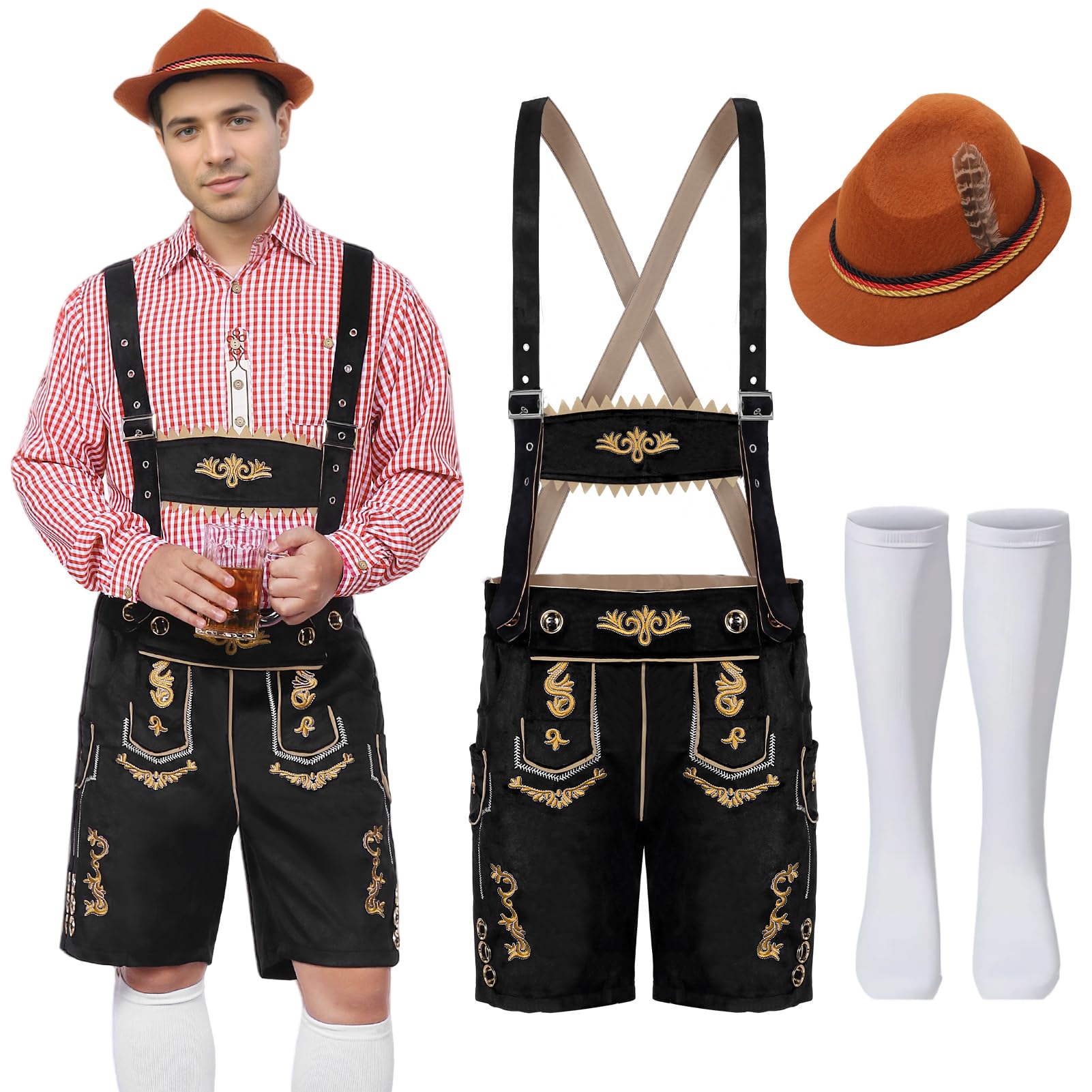 Antsparty Lederhosen Men, Oktoberfest Outfit Set with Lederhosen Socks Hats, Men October Festival Costume for Beer Festivals and Celebrations