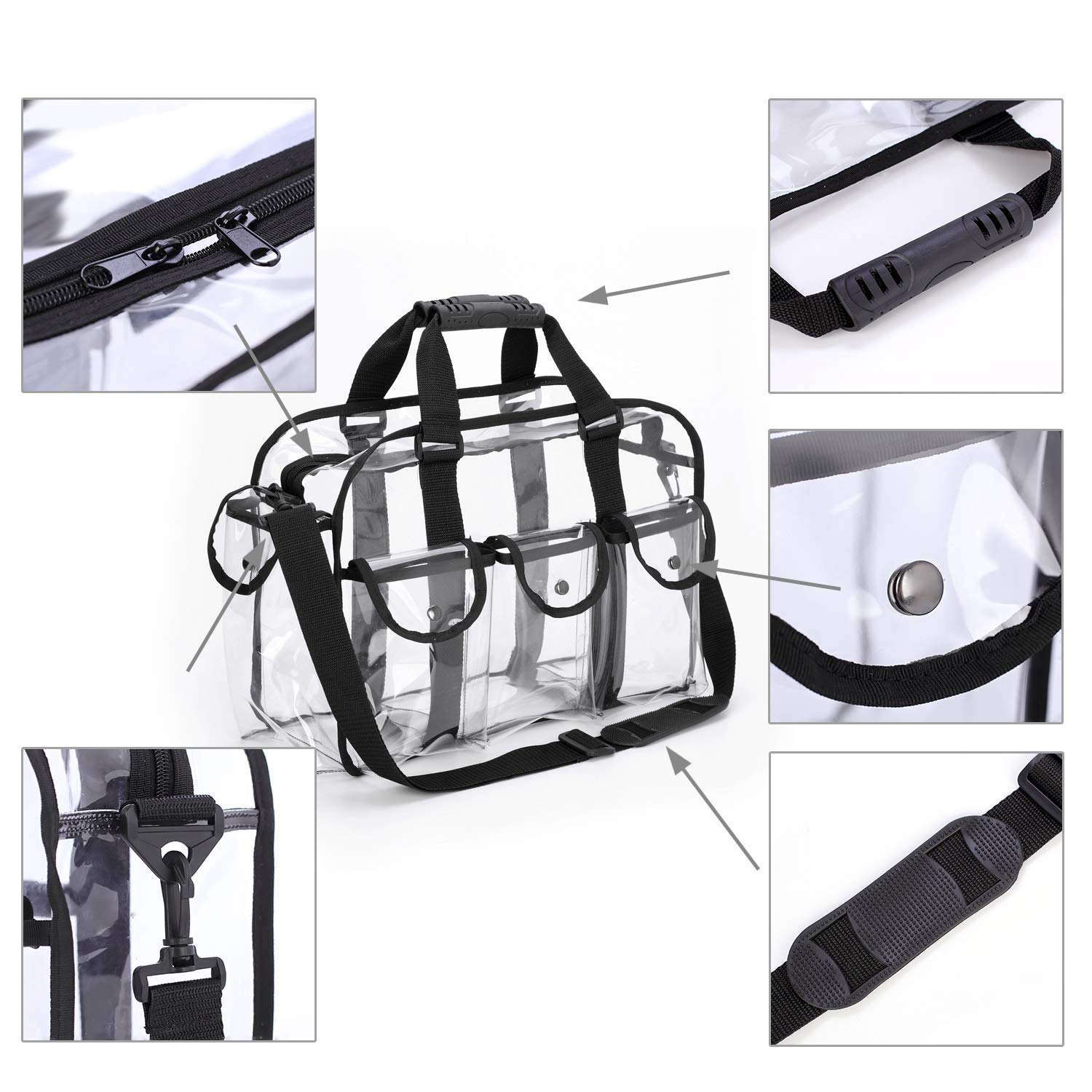 Clear Makeup Artist Bag, Storage Travel Zip Organiser with Handles, Side Pockets, Shoulder Strap & Compartments, PVC Plastic Vinyl - Image 3