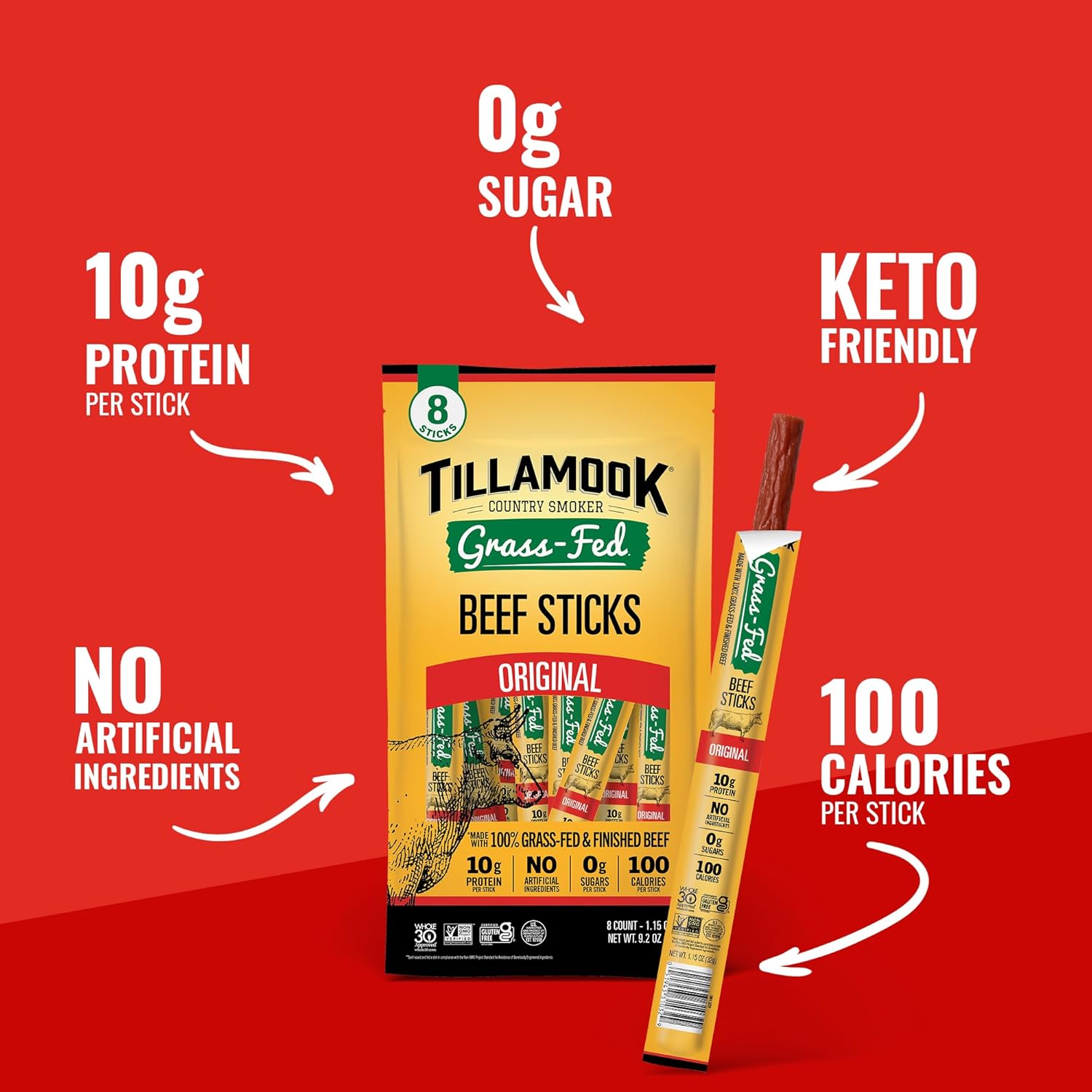 Tillook Country Smoker Grass Fed Beef Stis, Zero Sr, Original,