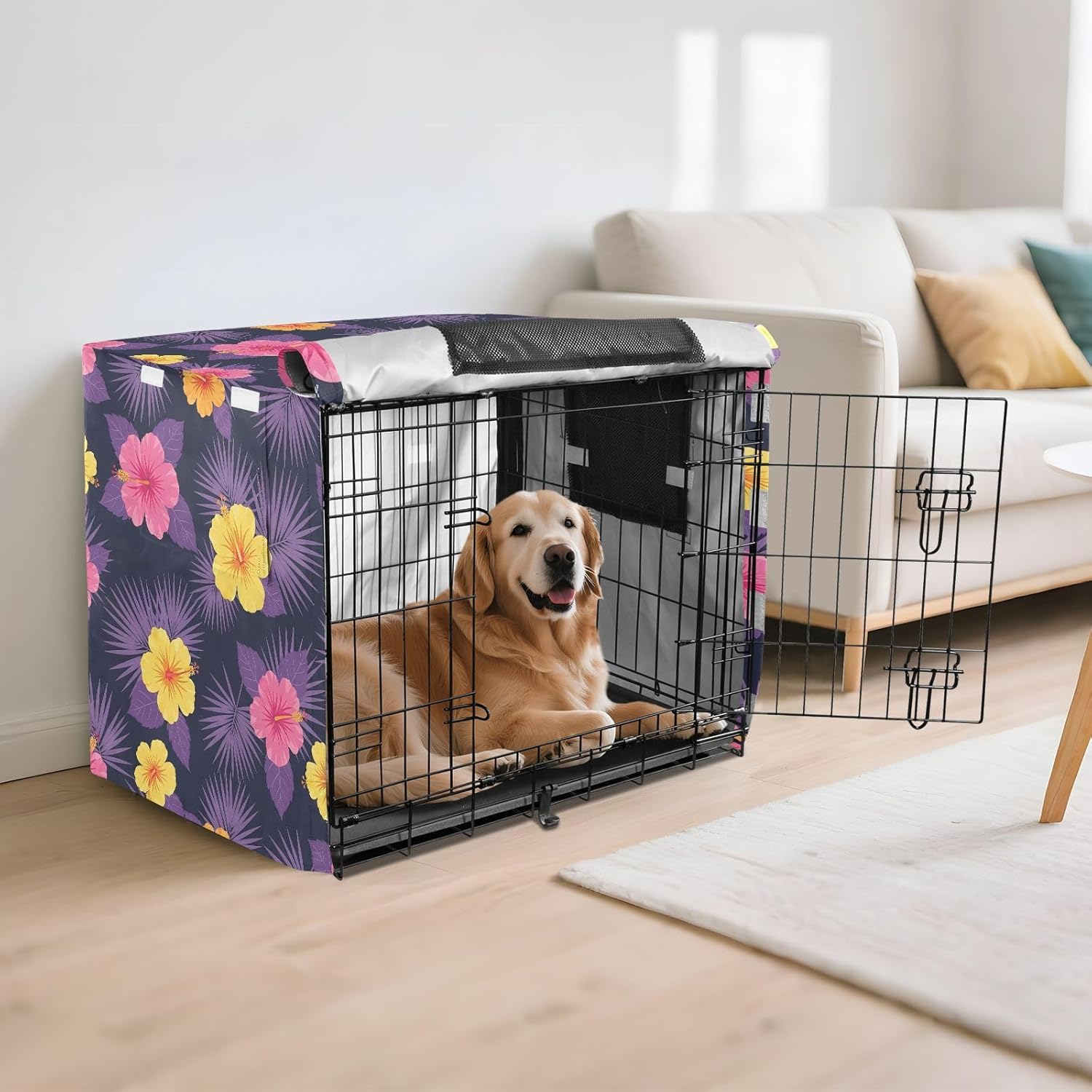 Tropical Hibiscus Flowers Dog Crate Cover 600D Oxford Pet Kennel Cover with Mesh Window for Dog Cages, Windproof Waterproof Machine Washable, 42"x28"x30"