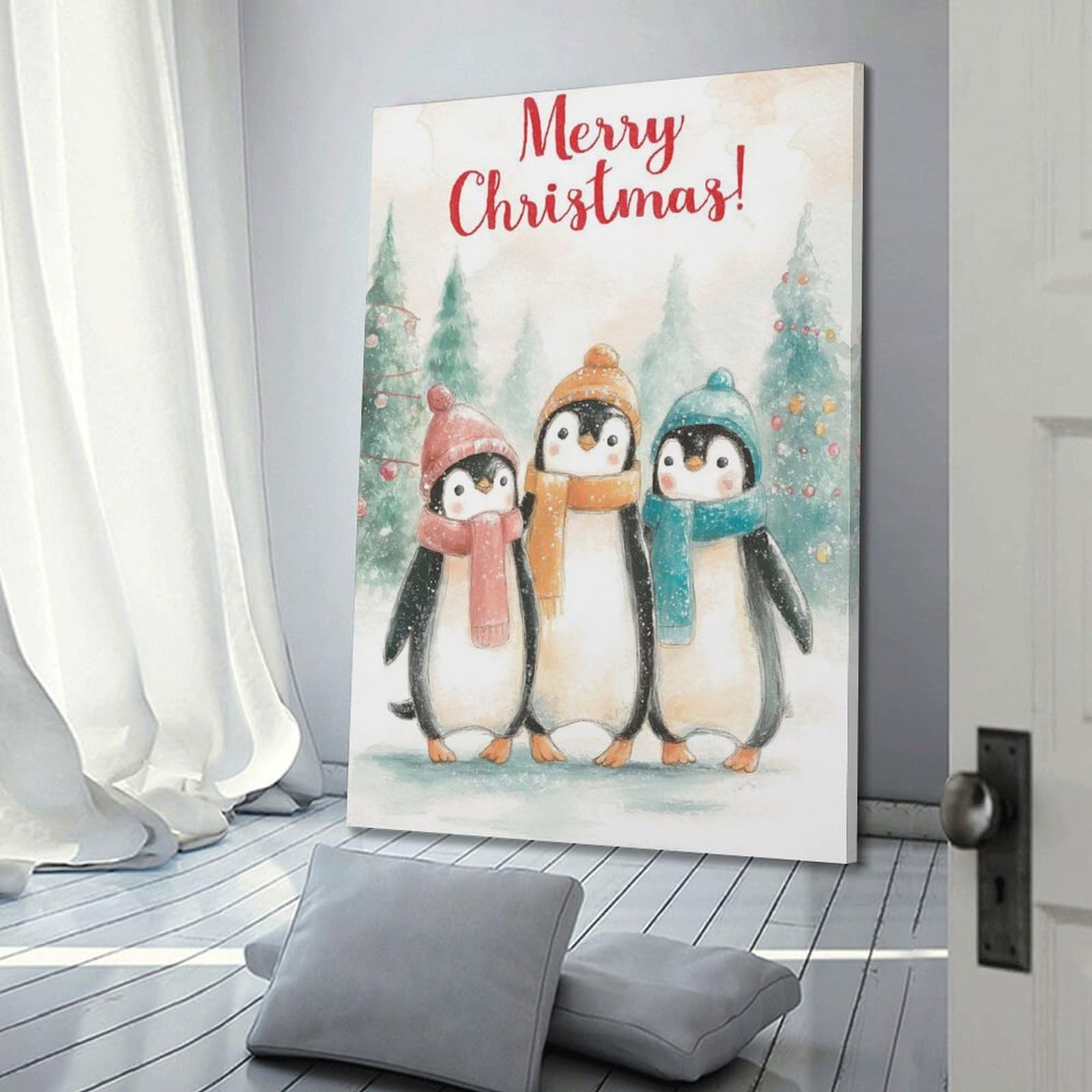 CWLLOG Stampe artistiche da parete su tela, poster natalizio con pinguini ad acquerello, giocoso, festival, decorazione moderna per soggiorno e camera da letto, 50 x 75 cm