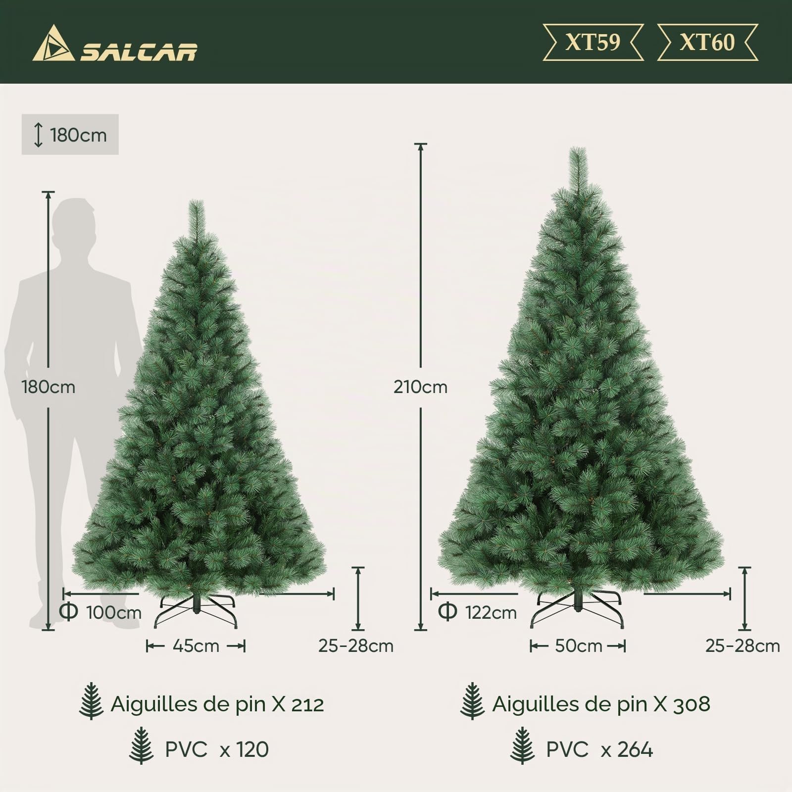 SALCAR Sapin de Noël Artificiel 210 cm, Pin de Noël (Ø env. 120 cm) avec Support en Métal, Système de Montage Rapide avec Charnières, Arbre de Noël 2,1 m pour Intérieur, Montage Facile