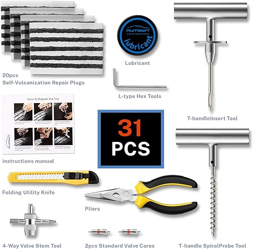 Miniatura 2 de Juego de reparación de neumáticos planos Autown con tapones, 31 piezas para reparación de pinchazos de neumáticos planos de coche, motocicleta, ATV,