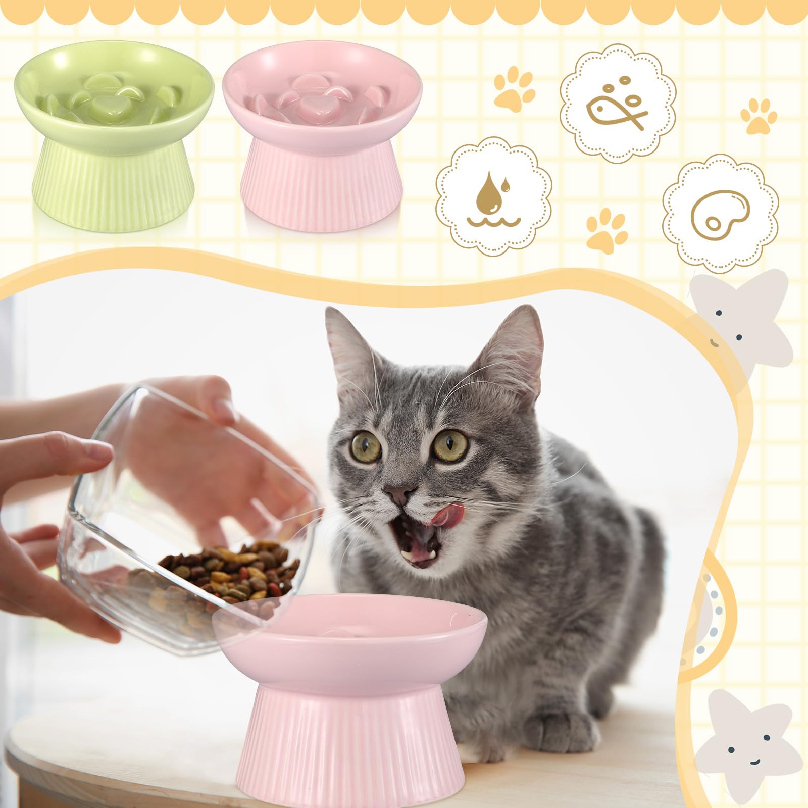 Layhit Lot de 2 gamelles surélevées en céramique pour chat - Anti-vomissements - Pour nourriture sèche et humide - Mangeoire Vert et rose