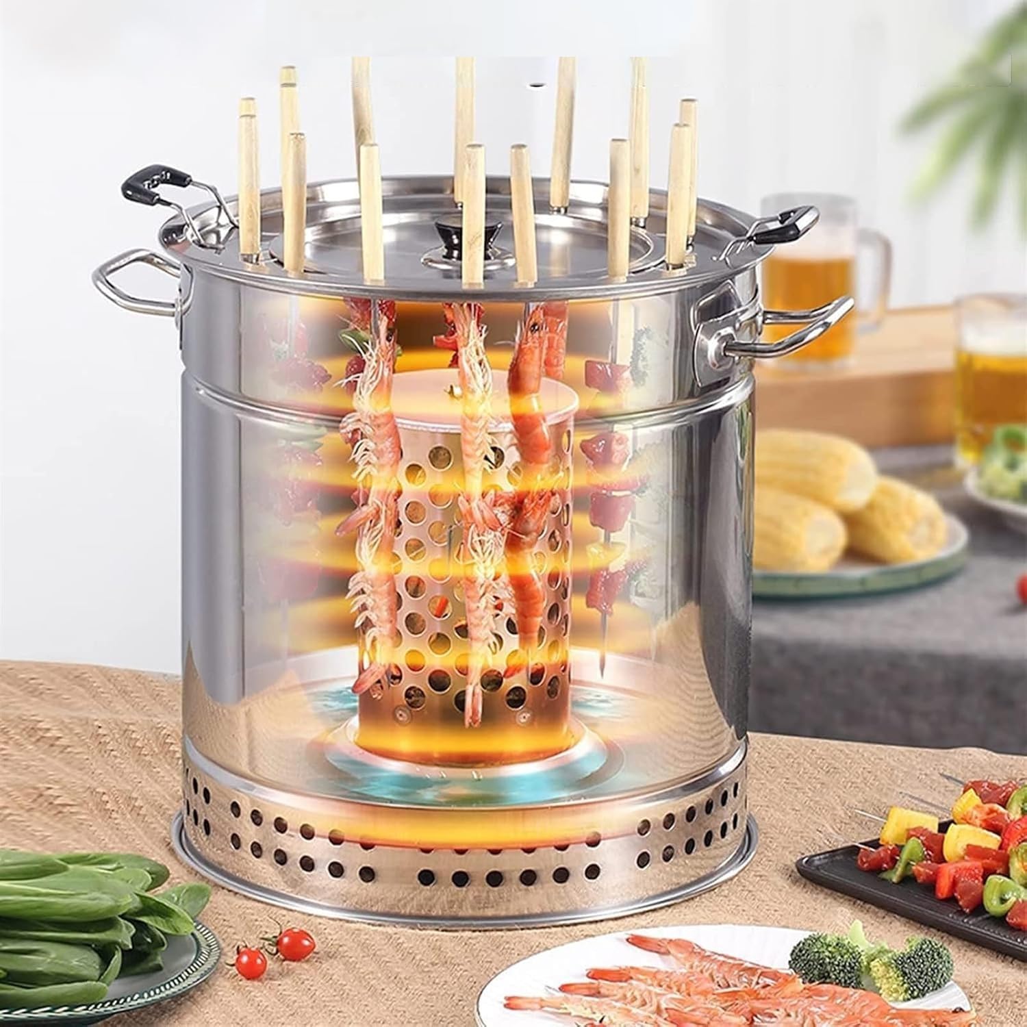 Barril Asador de Carne Sin Humo Interior, Parrilla de Barbacoa de Carbón Sin Humo BBQ Portátiles con Forma de Barril Envolvente de Acero Inoxidable para Exteriores Silver Large