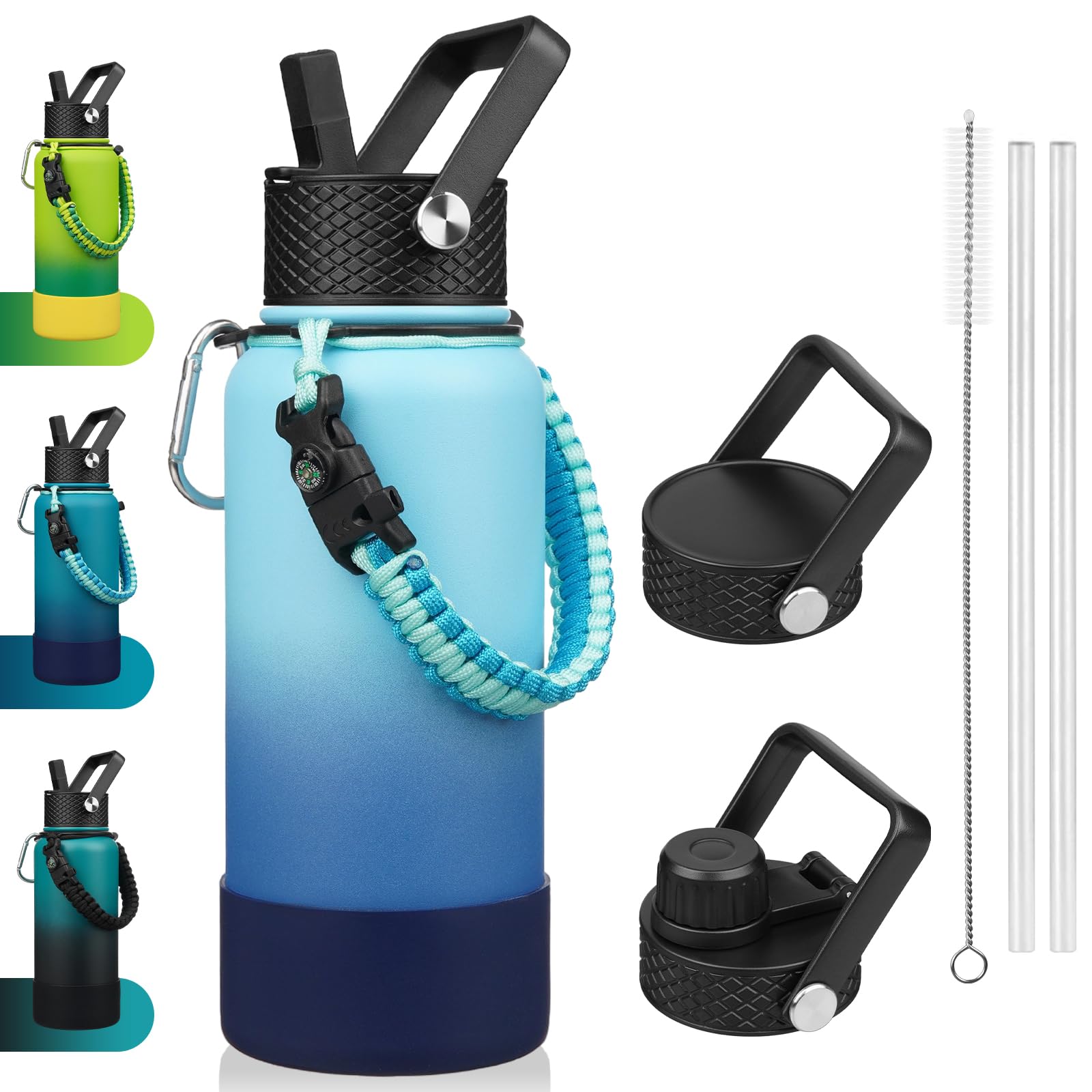 BJPKPK 32oz Insulated Water Bottles with 3 Lids, Paracord Handle & Non-slip Boot, Stainless Steel Metal Water Bottle,Reusable BPA Free Thermal Flasks, Tumblers, Sky