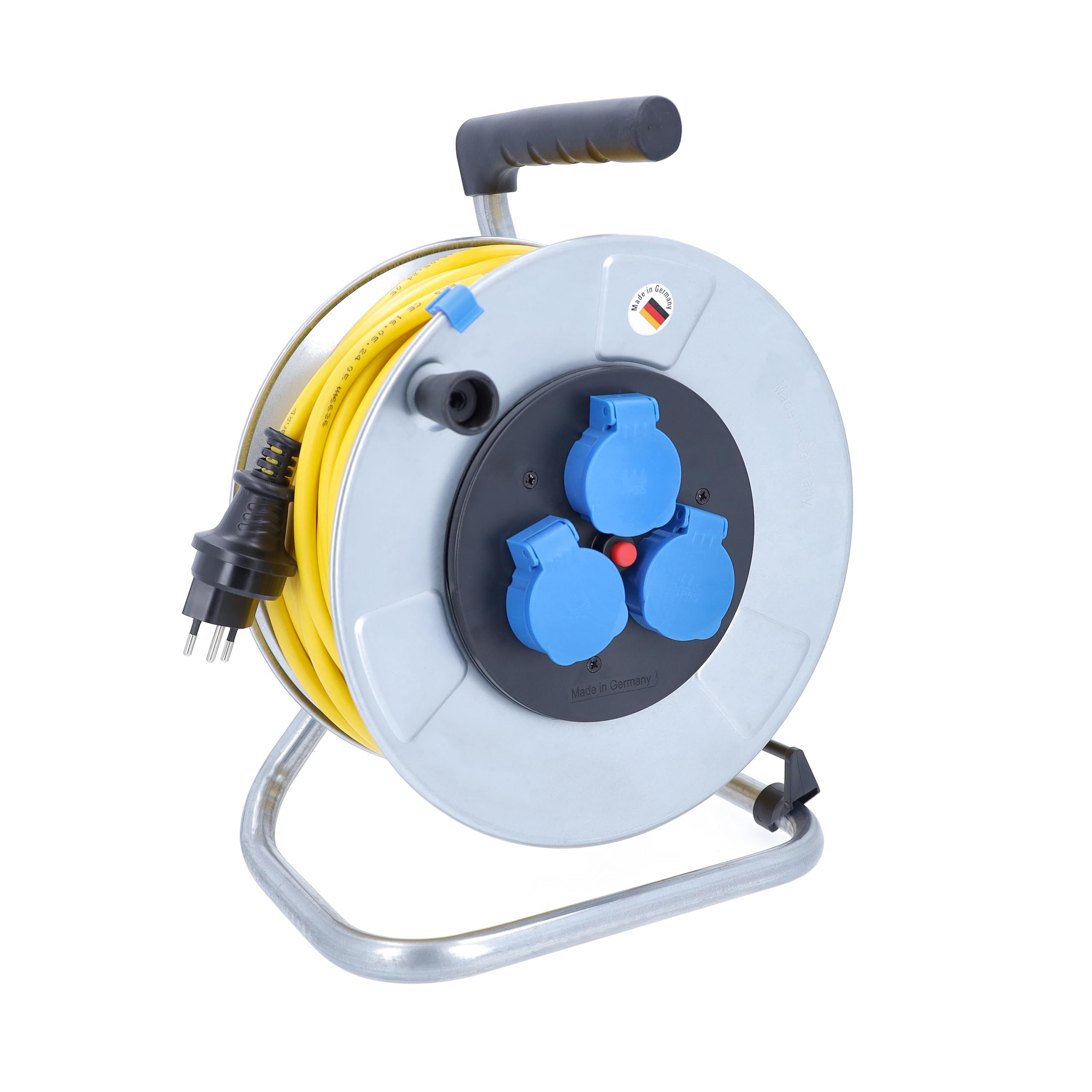 as - Schwabe avvolgicavo 25 m AT-N07V3V3-F 3G2,5, IP44 esterno, con spina SEV T13 IP55, 3 prese Tipo 13, interruttore termico di protezione, tamburo in lamiera d’acciaio zincata, Made in Germany