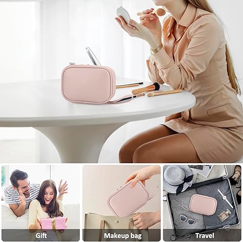 Miniatura 7 de E-Tree Bolsa de maquillaje, organizador de maquillaje de cuero de viaje, bolsa de cosméticos para niñas y mujeres, pequeña bolsa de aseo con correa,