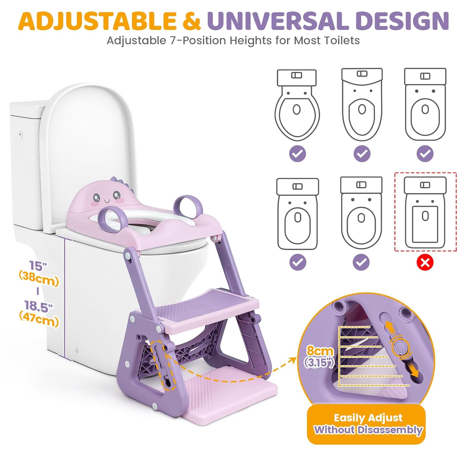 Potty Training Seat with Step Stool, 2-IN-1 Toddler Potty Training Toilet for Kid Boys Girls, Adjustable Toilet Seat for Toilet with ladder, Splash Guard, Anti-Slip Pad and Safety Handle, Pink - Image 3