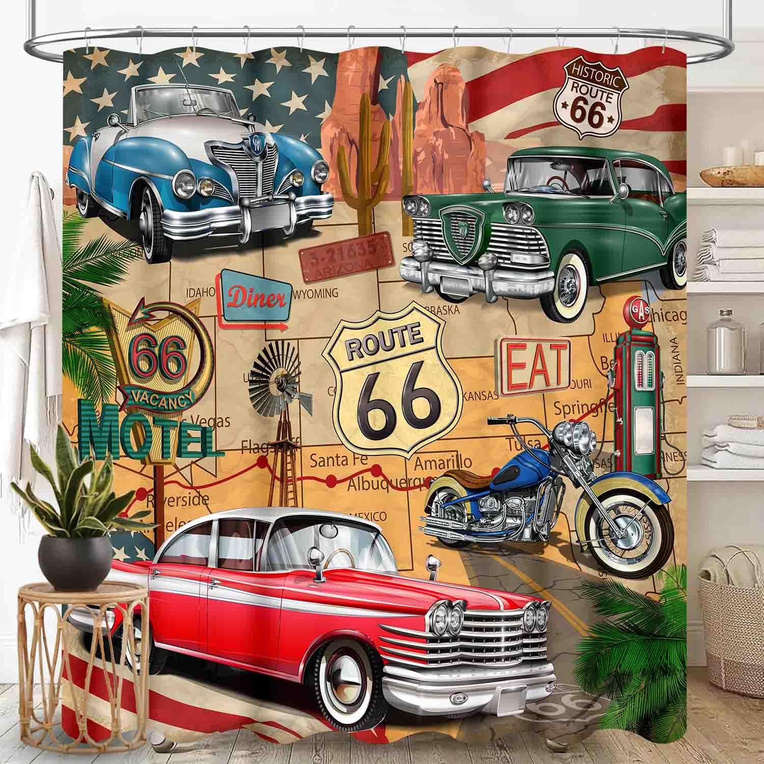 Route 66 Road Shower Curtain for Bathroom, Rustic Boys Man Vintage Classic Car Motorcycle Biker Country Western Retro Man Cave Waterproof Fabric Shower Curtain Set with Hooks, 72"x84" Inch