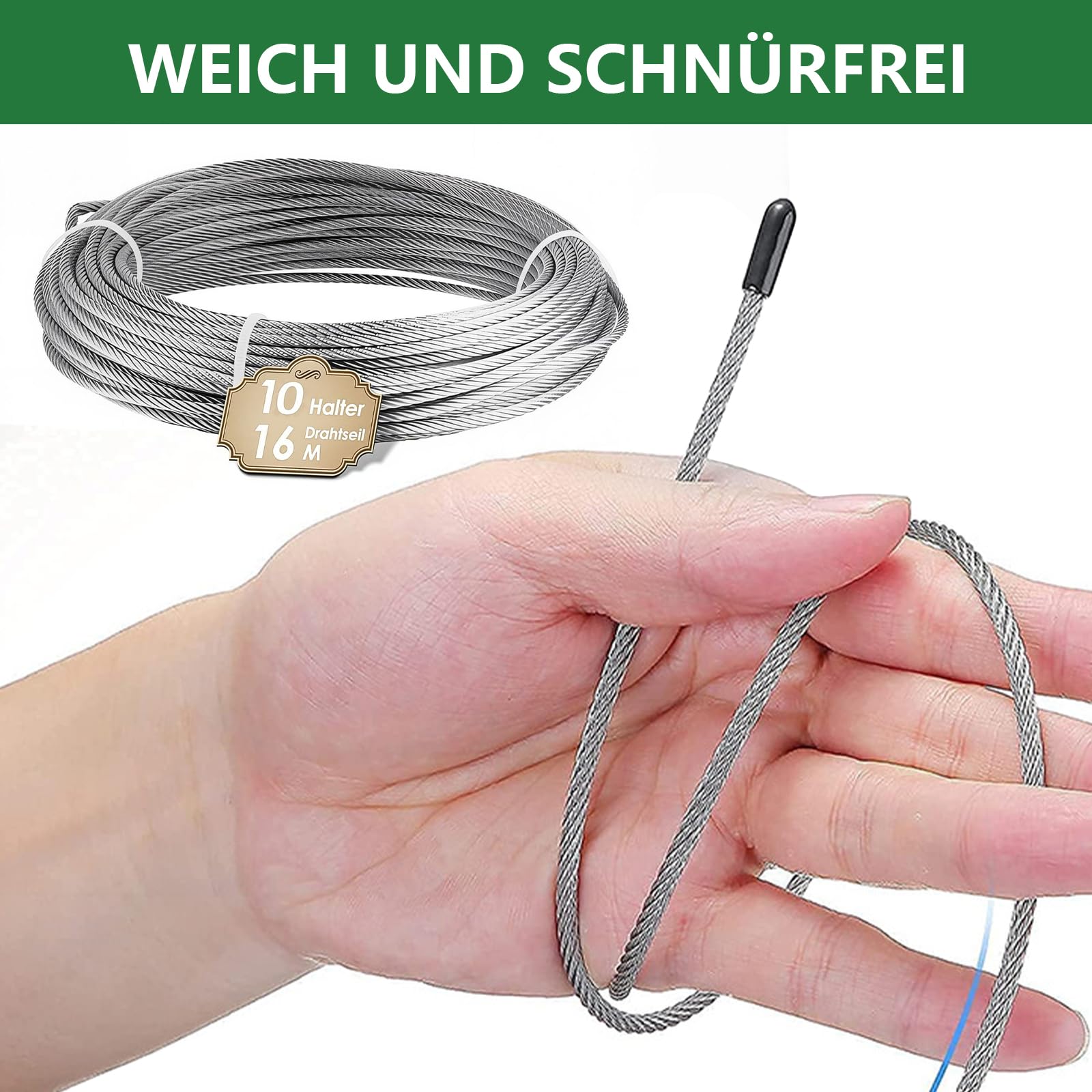 Rankhilfe Metall Edelstahl für Kletterpflanzen, 16m Kletterhilfe Stahlseil | Rankhilfe Wand Pflanzen Set mit 3 mm Durchmesser Seil&10 Halter, Rankgitter Ddelstahl Seilsystem für Garten/Mauer/Beton/Zaun
