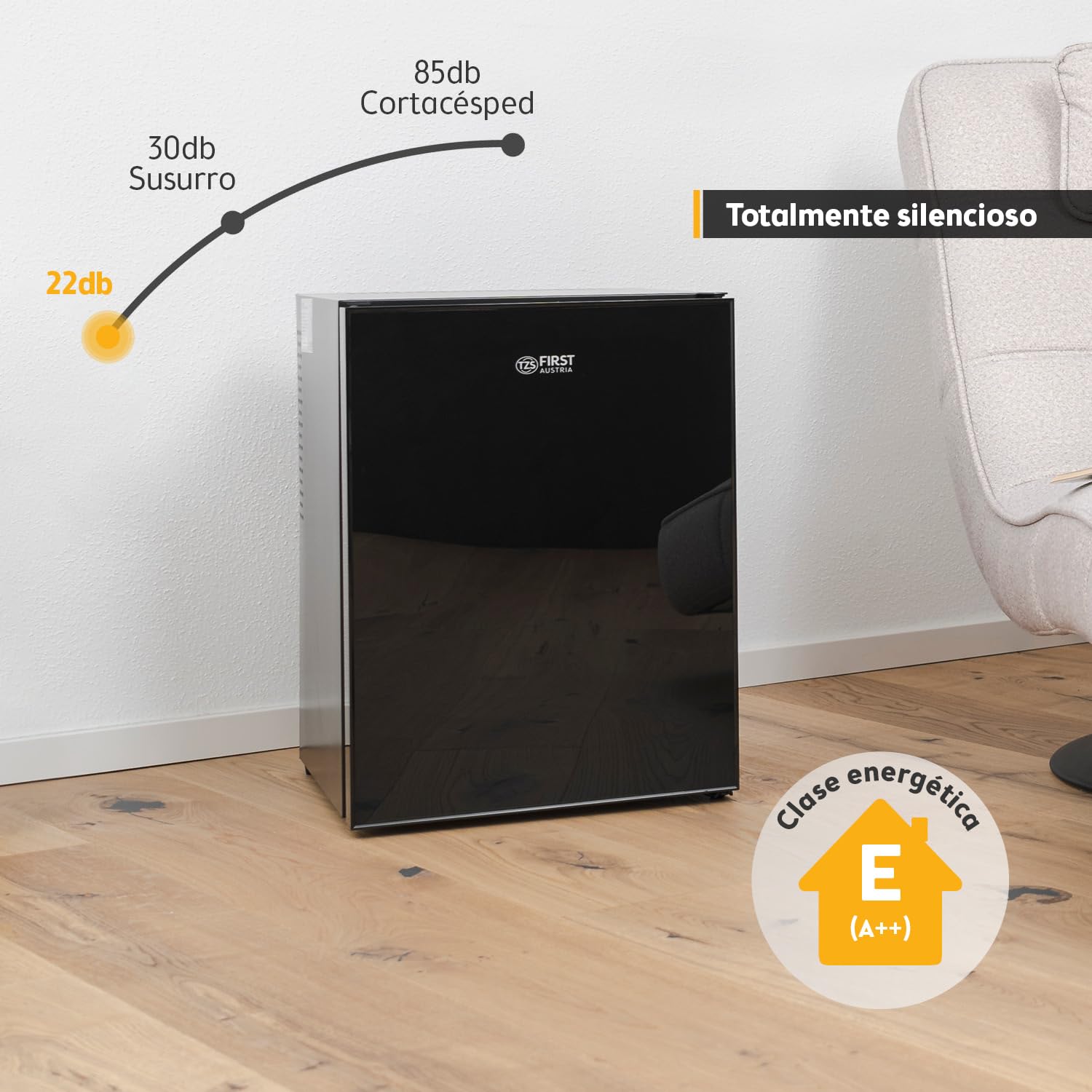 TZS First Austria - Mini Bar - Mini Frigorífico 40L Silencioso con Cerradura y Puerta Reversible - Nevera con Iluminación Interior para Camping, Oficina, Dormitorio y Hotel - Negro Mate