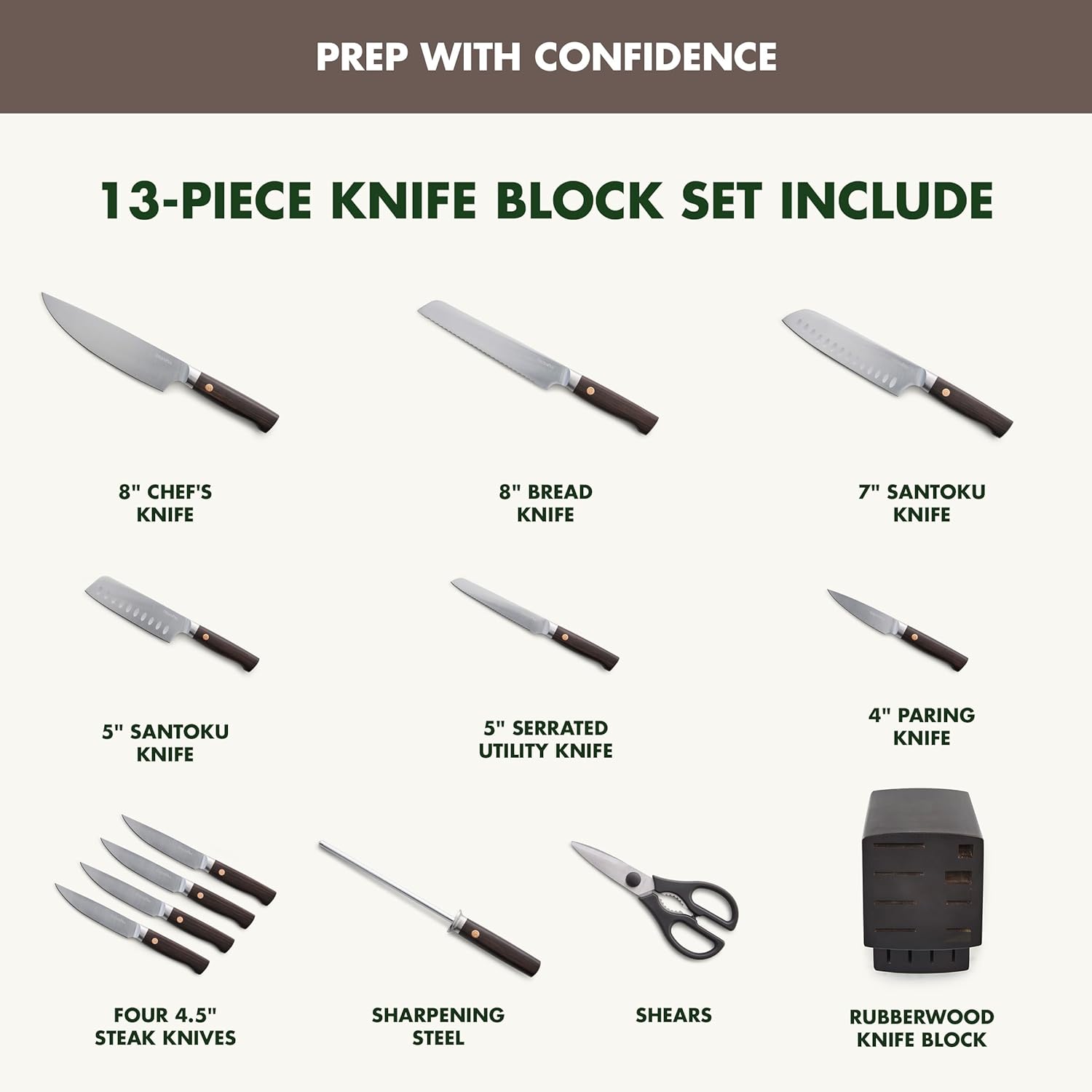 GreenPan Elite 13 Piece Wooden Knife Block Set, Professional Stainless Steel Blades with Titanium Coating, Ultra-Sharp Kitchen Cutlery, Chef, Santoku, Bread & Steak Knives, Ergonomic Brown Wood Handle
