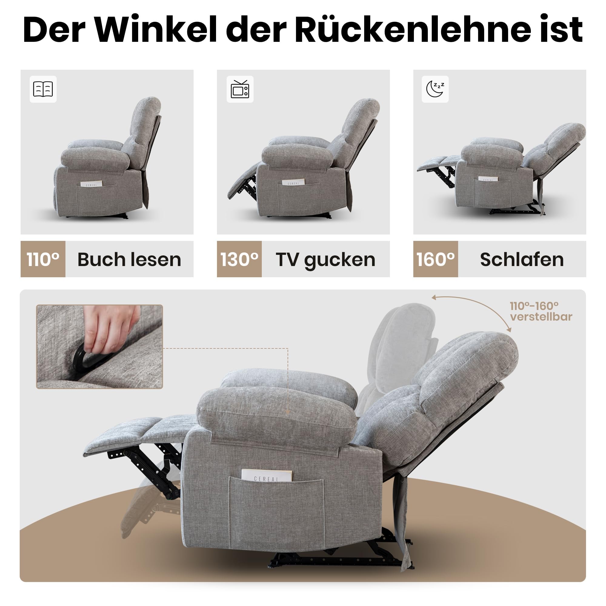 Fernsehsessel mit liegefunktion,Relaxsessel mit Leinenoptik,Sessel liegesessel bis 150 kg belastbar,für Wohnzimmer (Grau)