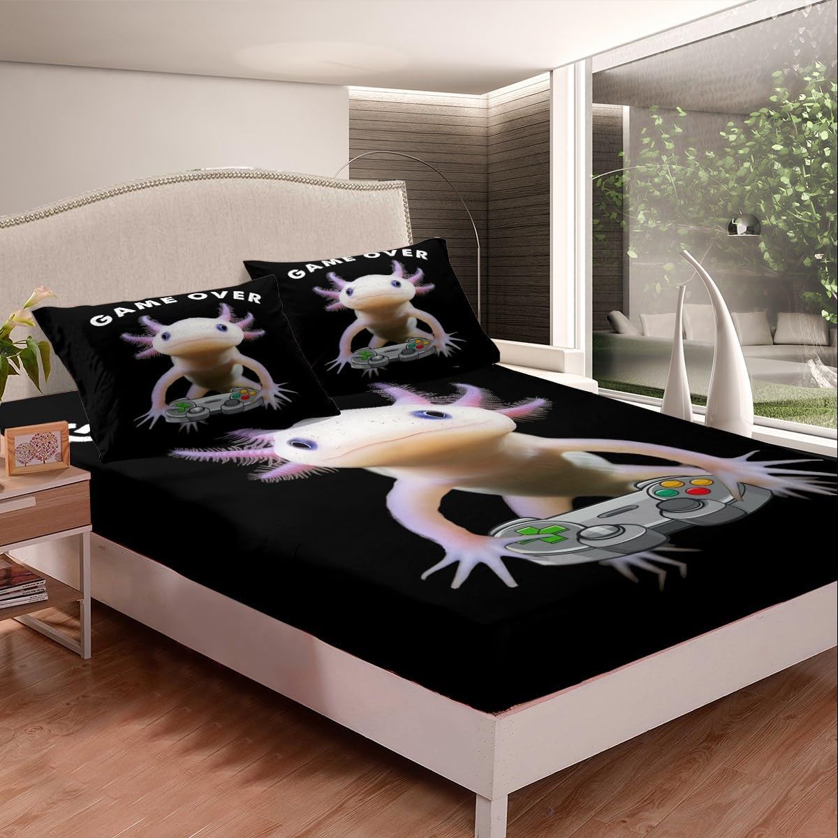 Axolotl Bed Sheets, Cute Axolotl Play Gamer Sheet Set Twin For Kids Boys Teens Games Room Decor, Mexican Animal Fitted Sheet+ Aquatic Reptile Axolotl Flat Sheet+ 1 Pillow Case, Black(3 Pieces)