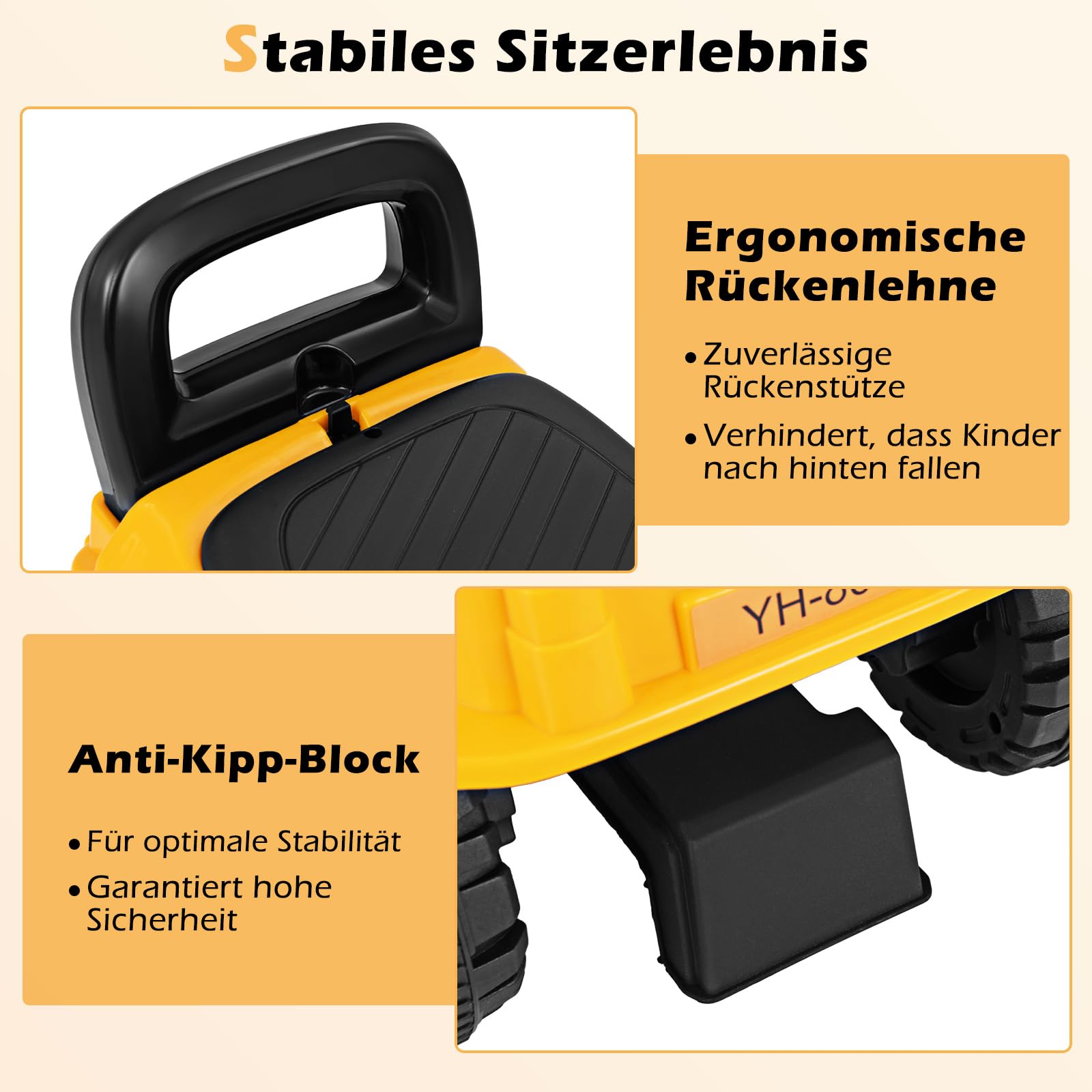 DREAMADE Kinder Sitzbagger, Bagger zum draufsitzenmit Verstellbarer Schaufel & Hupe & Kippschutz, Aufsitzbagger mit Stauraum unter Sitz, Sandbagger Sitzbagger Kinder ab 19 Monaten