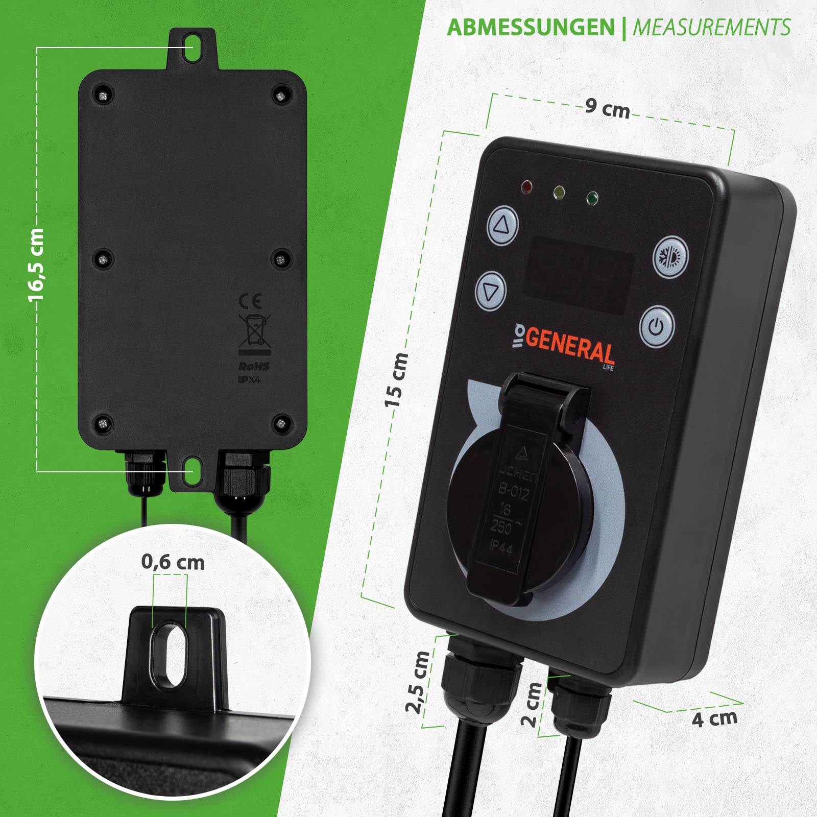 Mi-Heat Universal Outdoor Thermostat - Temperaturregler GH600 für Gewächshaus, Terrarium, Brutkasten, Bienenstock - zum heizen und kühlen - Universalthermostat IPX4 - abgesetzter Sensor