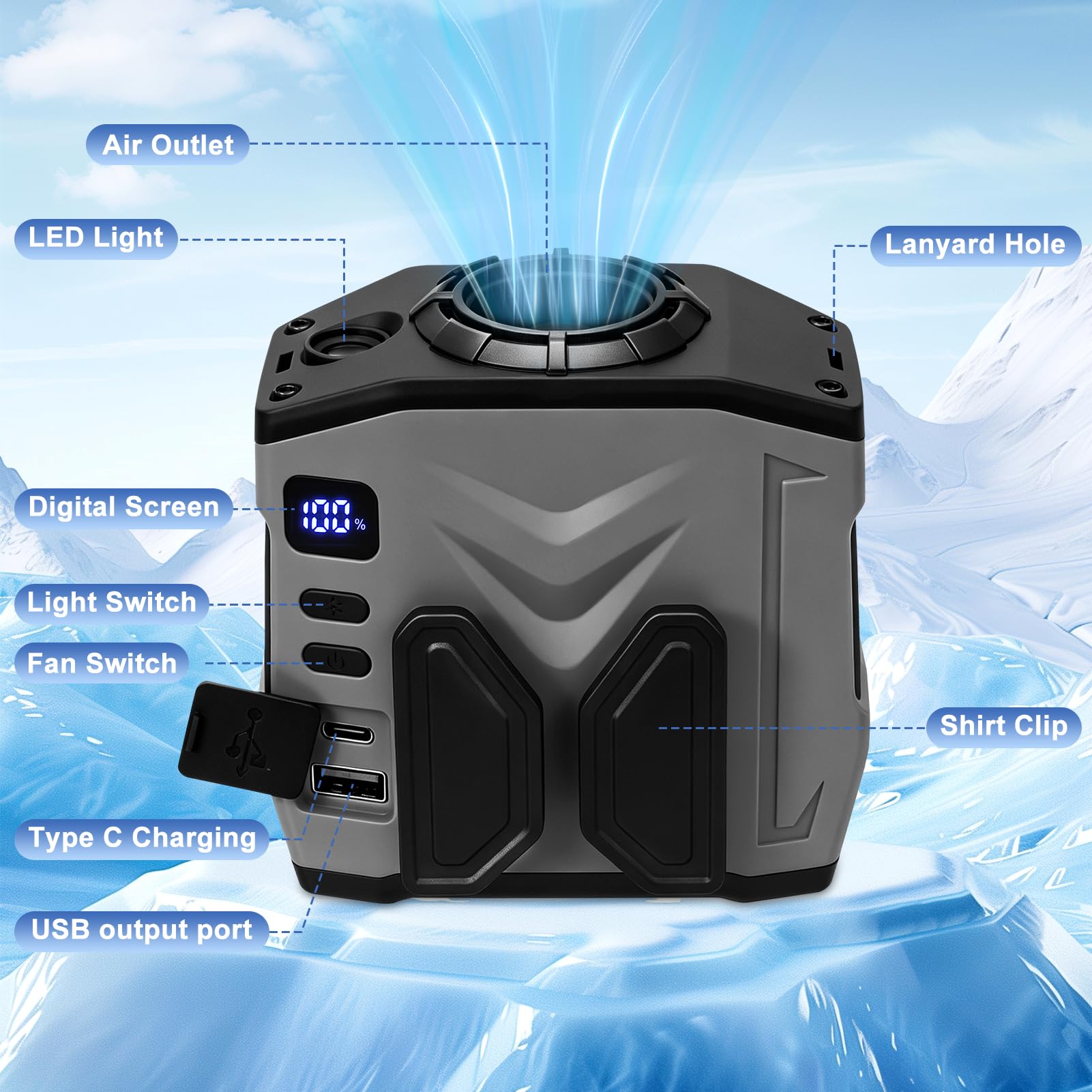 Ventilateur À Pince Pour La Taille, 10000mAh USB Rechargeable Mini Ventilateur De Cou Personnel Avec Éclairage LED, 5 Vitesses, Autonomie 30 Heures, Ventilateur De Ceinture À Clipser Pour Plein Air