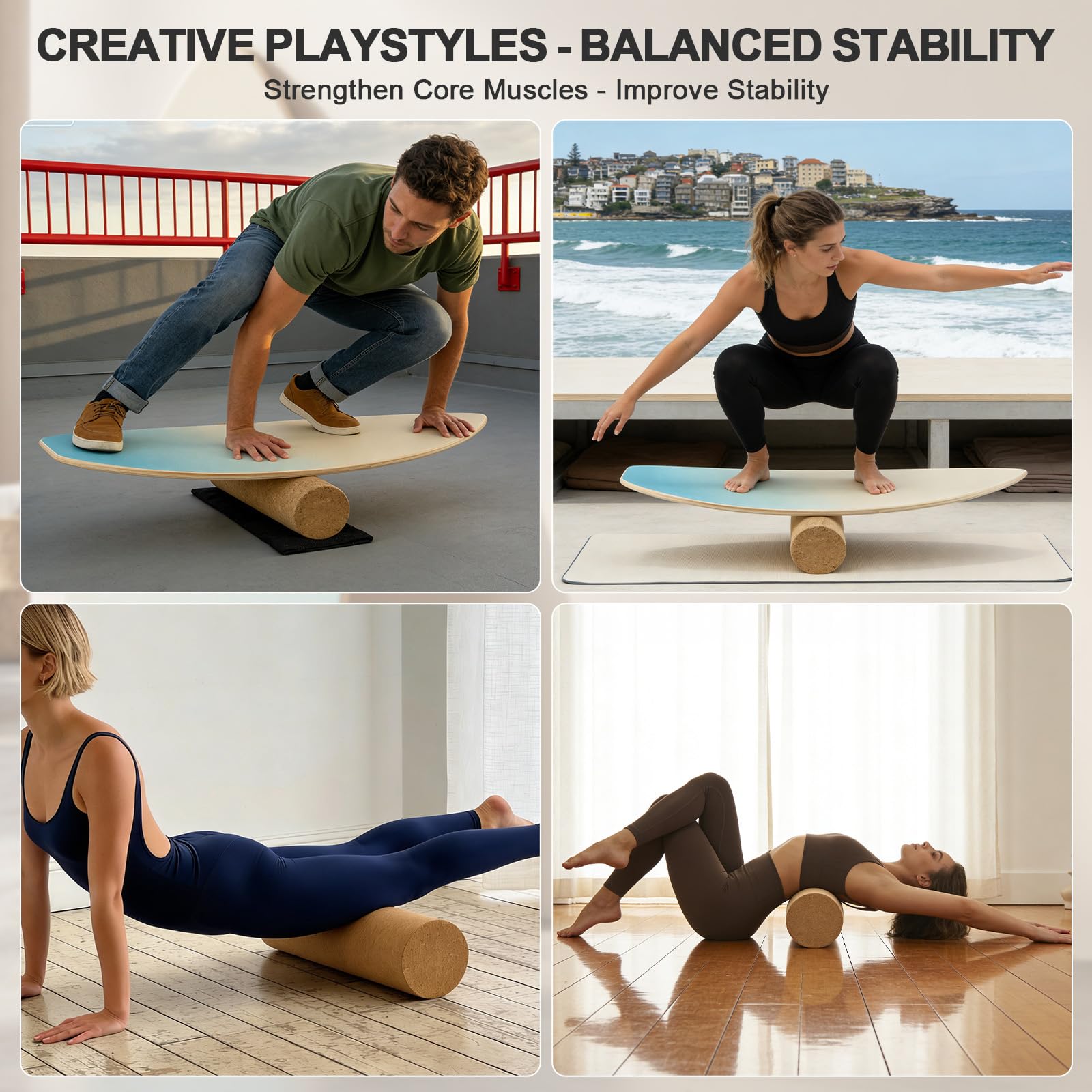 Surf Balance Board Set aus Holz, 3 in 1 Balanceboard mit Korkrolle, Halbkugel und Ball, Indoor Surfbrett für Erwachsene und Kinder, Fishtail Design mit Meeresblau Sandgelb Verlauf,180 kg belastbar