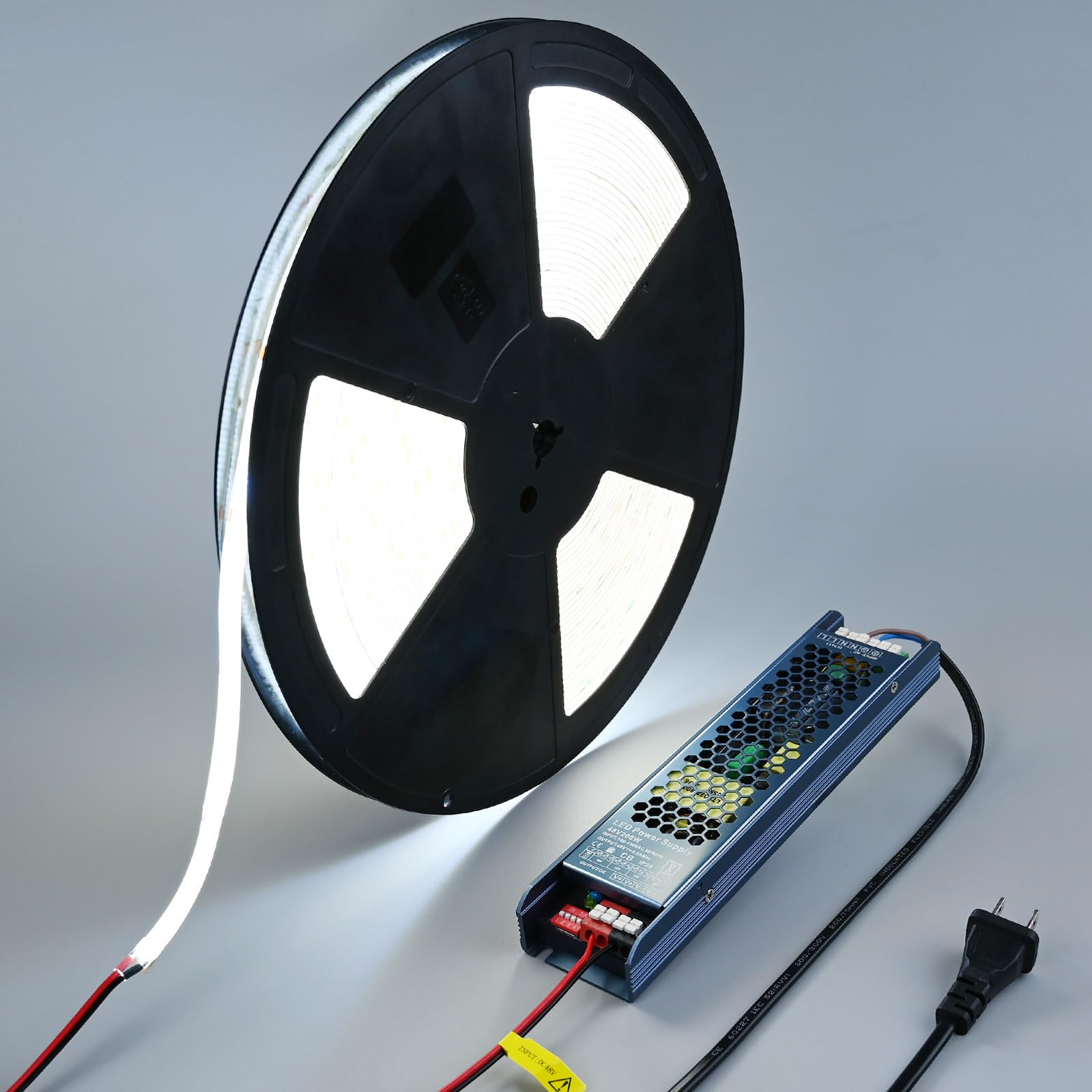 BENLUN 48V COB LED Strip Light Outdoor 65.6ft Kit, 6000K Cool White Outside Waterproof LED Tape Lights Cuttable 8W/M CRI 92 with Power Supply for