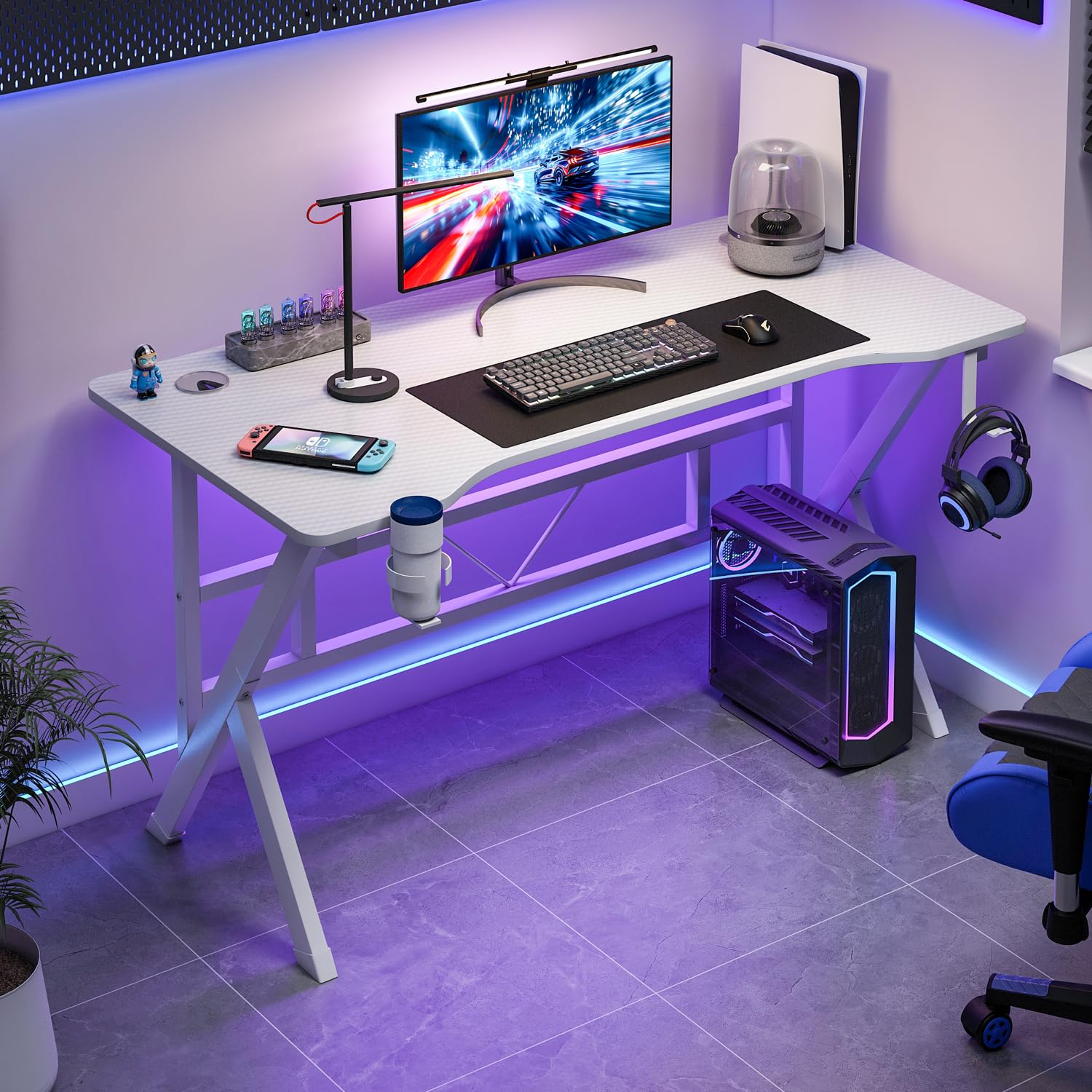 K-Shaped Gaming Table Carbon Fiber Surface Office Desk with 2 Cable Holes, Study Desk with Cup Holder for Gamers (white)