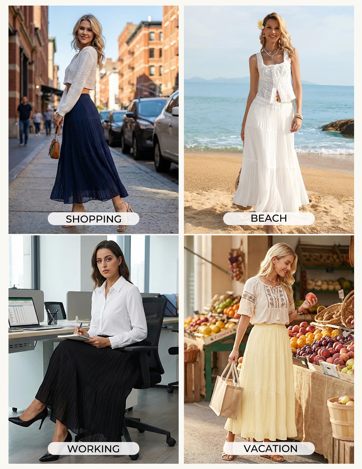 Kate Kasin Damen A-Linie Rüschen Maxirock Elastische Hohe Taille Röcke Leichte Chiffon Fließende Frühling Sommer Skirts Outfit