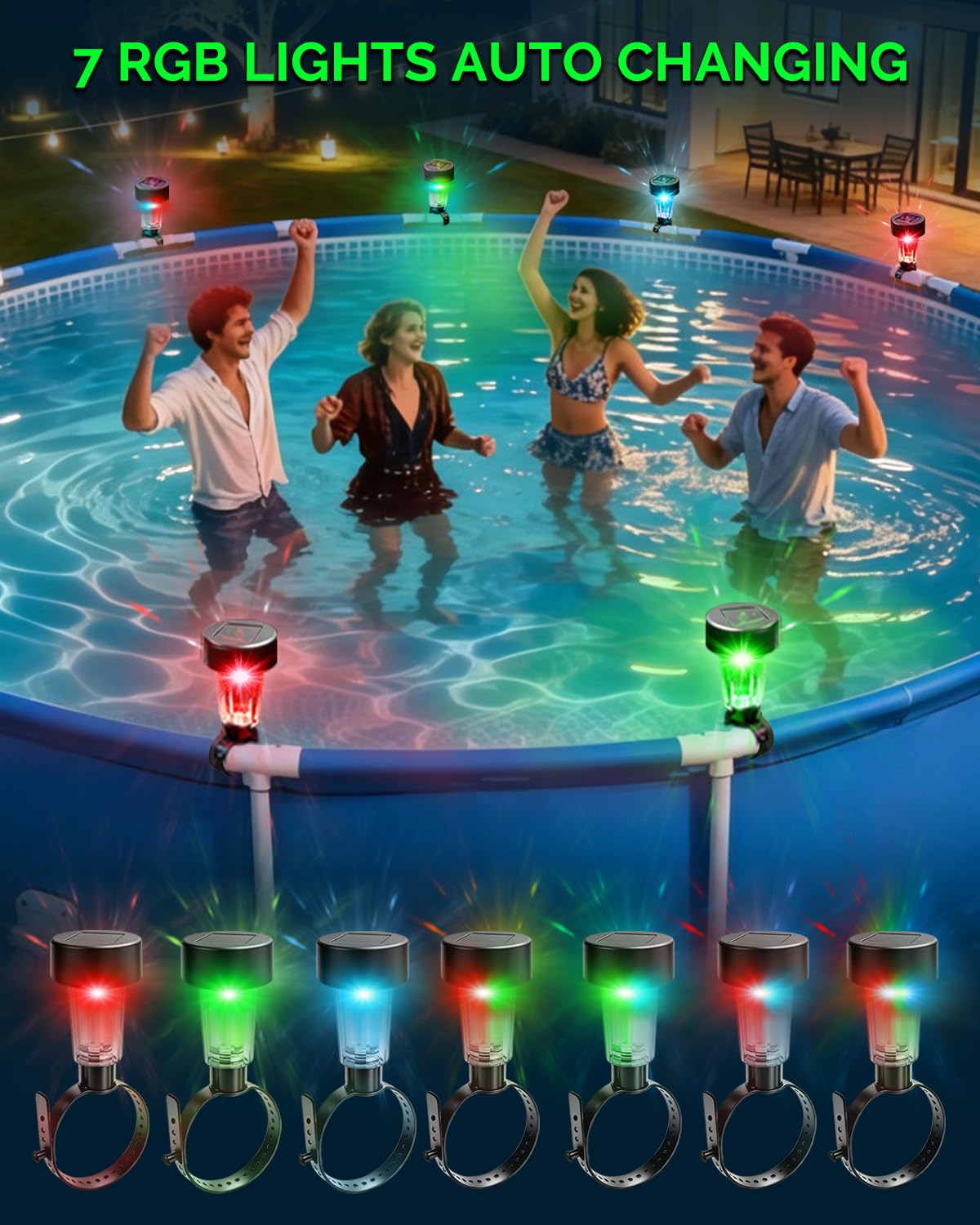 Lustaled 7 farbwechselnde Solar Poolbeleuchtung für Frame Pools 6 Stück | Wasserdicht Dämmerung bis Morgengrauen LED Solar Teichbeleuchtung Für Outdoor Pool Garten Zaun Terrasse