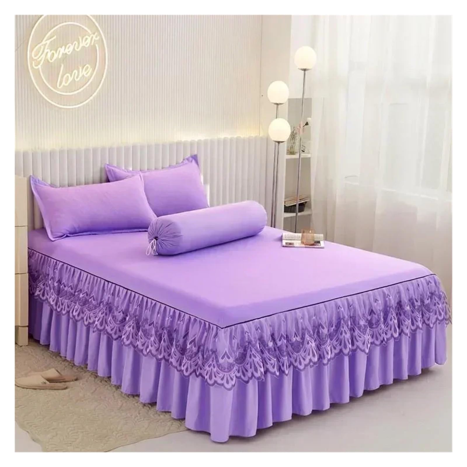 Ruffle Lace Skirt Bedspread Home Textile Solid Bed Skirt Bedroom Coverlets Bedspreads Sheets Cover Bedding(Purple,Queen)