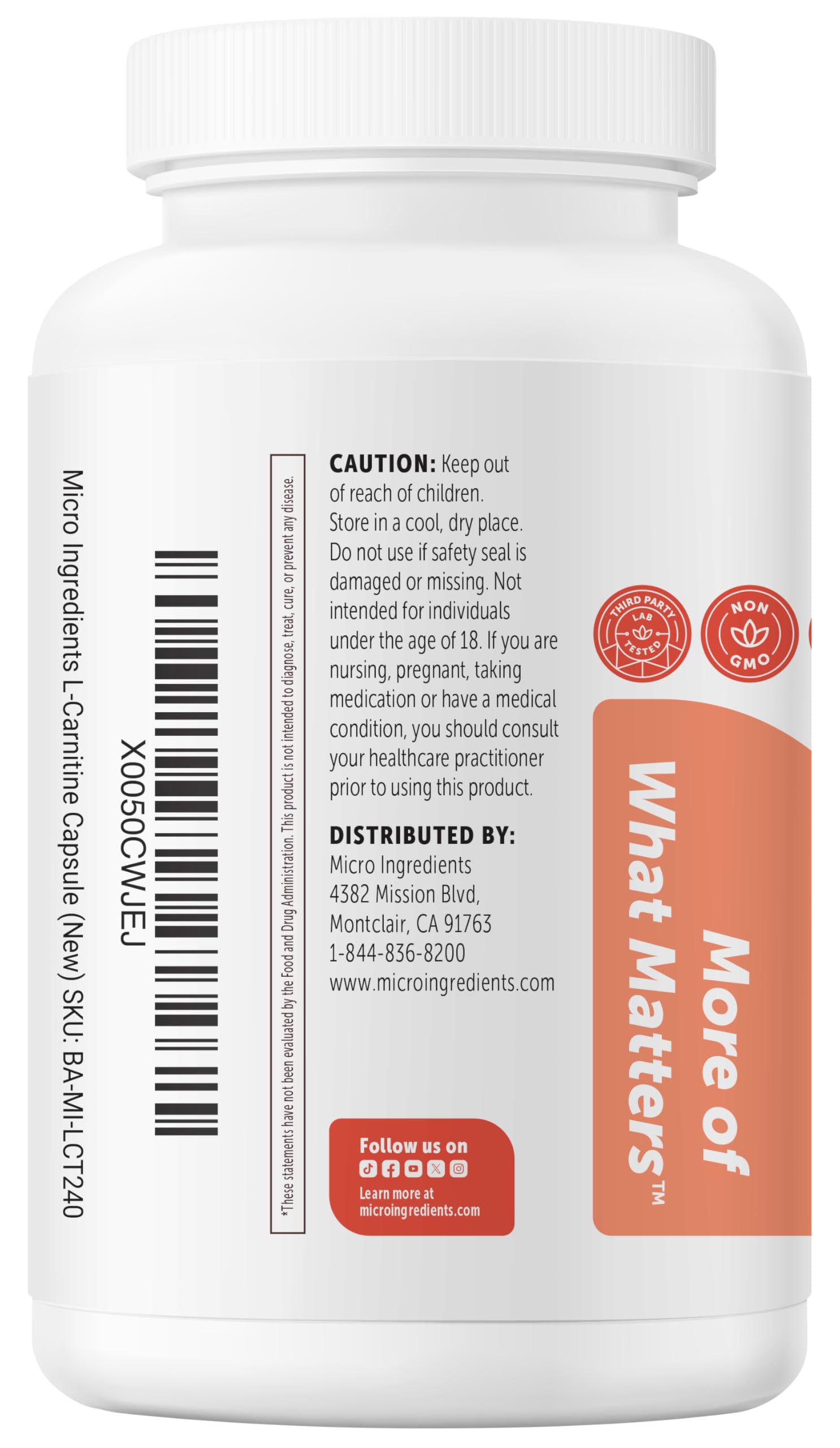 Micro Ingredients L-Carnitine Tartrate 2,000 mg, 240 Vegetarian Capsules | L-Carnitine Supplement with NAD+ | Non-GMO, Gluten Free — Amazon image 9