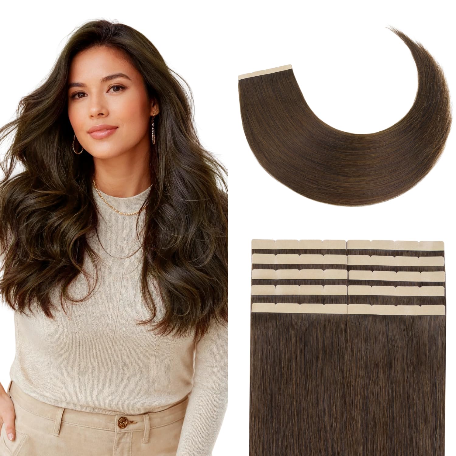 GOO GOO Tape in Hair Extensions Human Hair, 4A Chocolate Brown, 4cm Wide Tape, 18inch 20pcs 80g, Real Human Hair, Seamless Tape in, Instant Length&