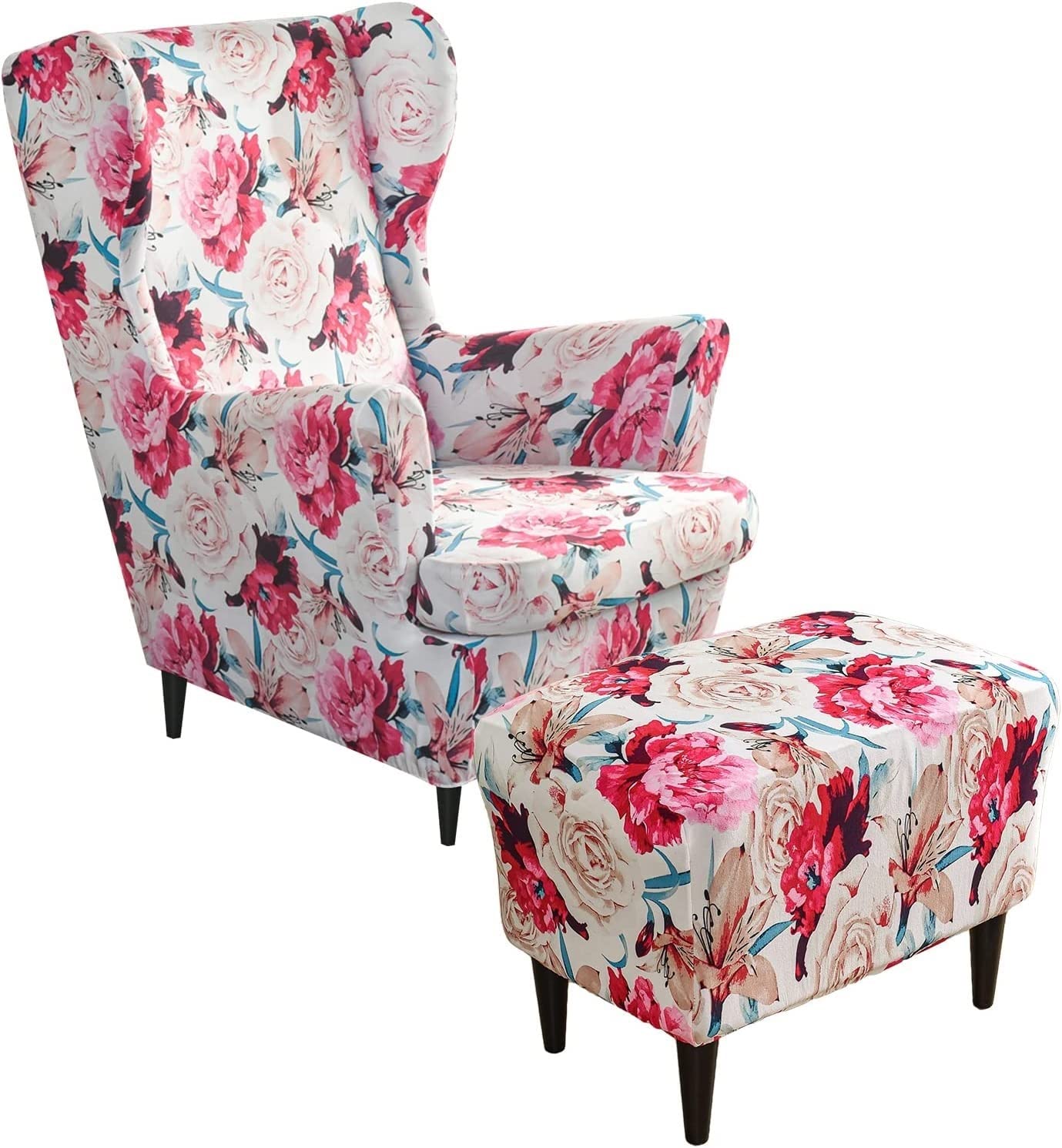 Generisch Ohrensessel überzug mit Hocker Bezug, 2 Teilig Sessel-Überwürfe+1 Teilig Ottomane Schonbezug, Beige/Grün/Rosa/Blau Ohrensessel Schonbezüge Sesselhusse Stretch Tiger Stuhlbezug mit Armlehne