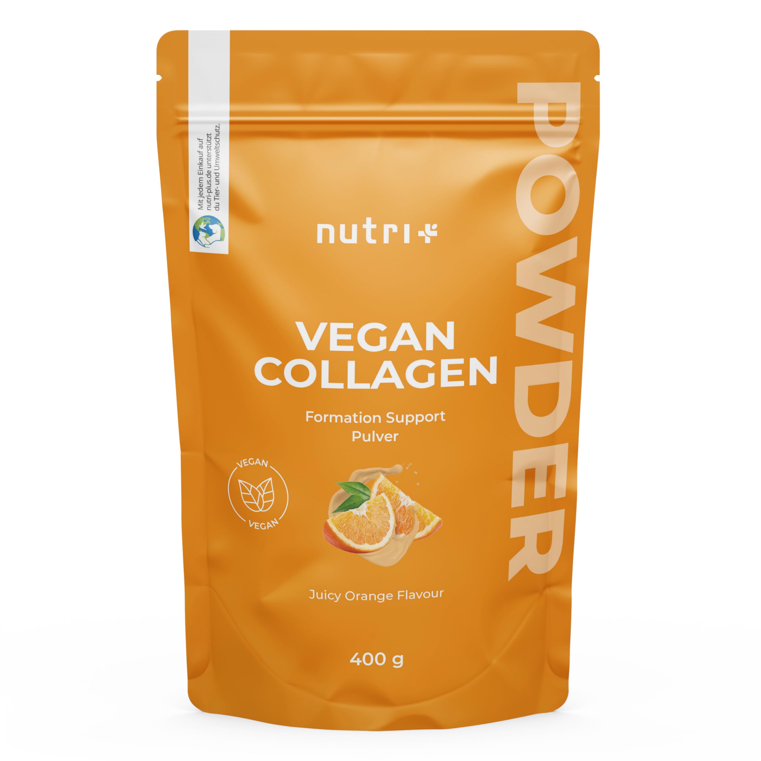 Nutri + Vegan Collagen Formation Support - Polvere Sostegno Formazione Peptidi di Collagene - con Acido ialuronico + Vitamina C per Pelle, Capelli, Unghie - 400 g Arancia