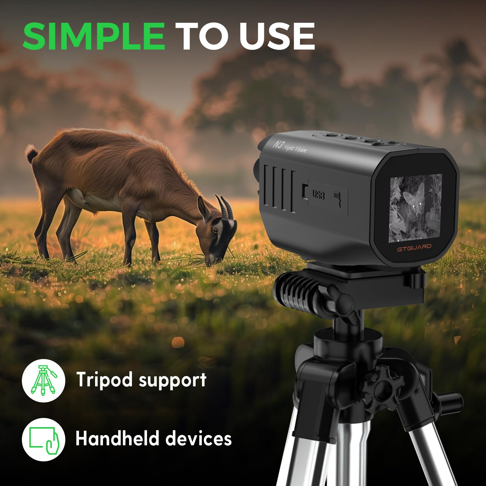 Monoculaire de Vision Nocturne Numérique Infrarouge avec Grand Écran de 2 Pouces, Zoom Numérique 5X, Batterie Rechargeable 2000mAh, Trépied,Supporte Photos & Vidéos pour Chasse et Camping