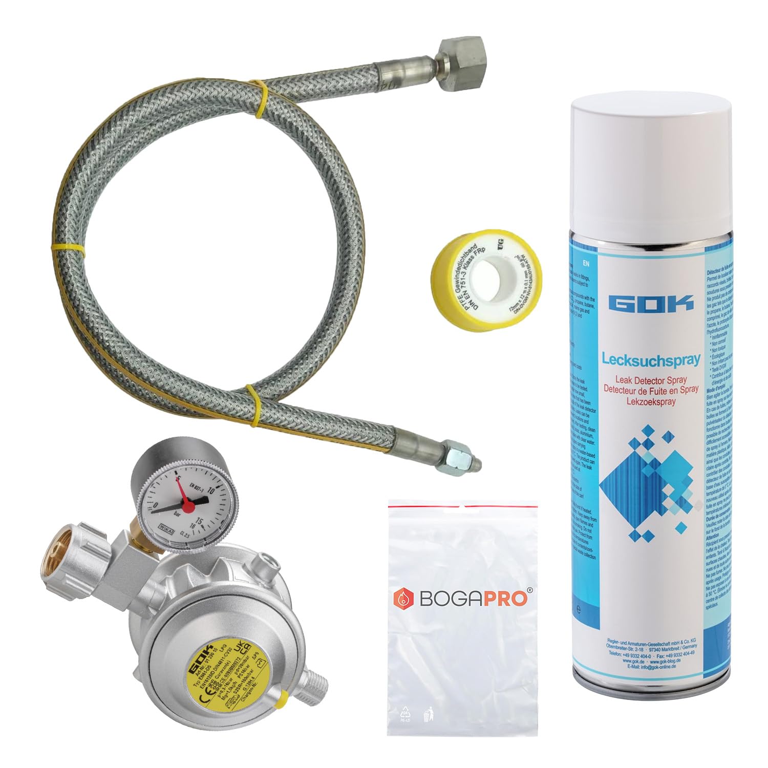 GOK Herd Anschluss Set Pro, mit Kontrollmanometer, Absperreinrichtung, 200 cm Gasschlauch und Teflonband, 30 mBar Betriebsdruck, inkl. Lecksuchspray und Polybeutel