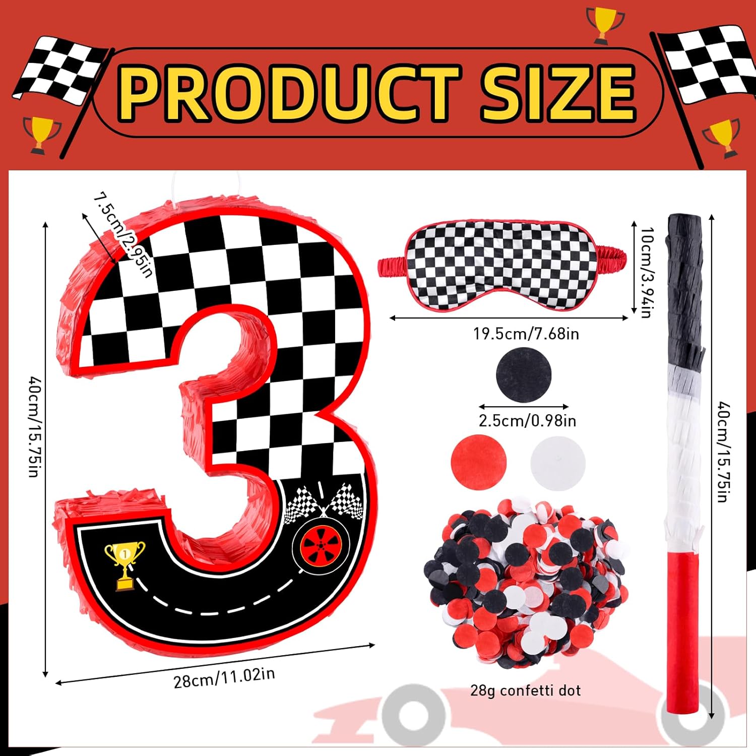 16 Inch Number 3 Race Car Pinata with 16 Inch Piñata Stick Blindfold Confetti for Boy Girl Kids 3rd Birthday Party Decorations(3rd)