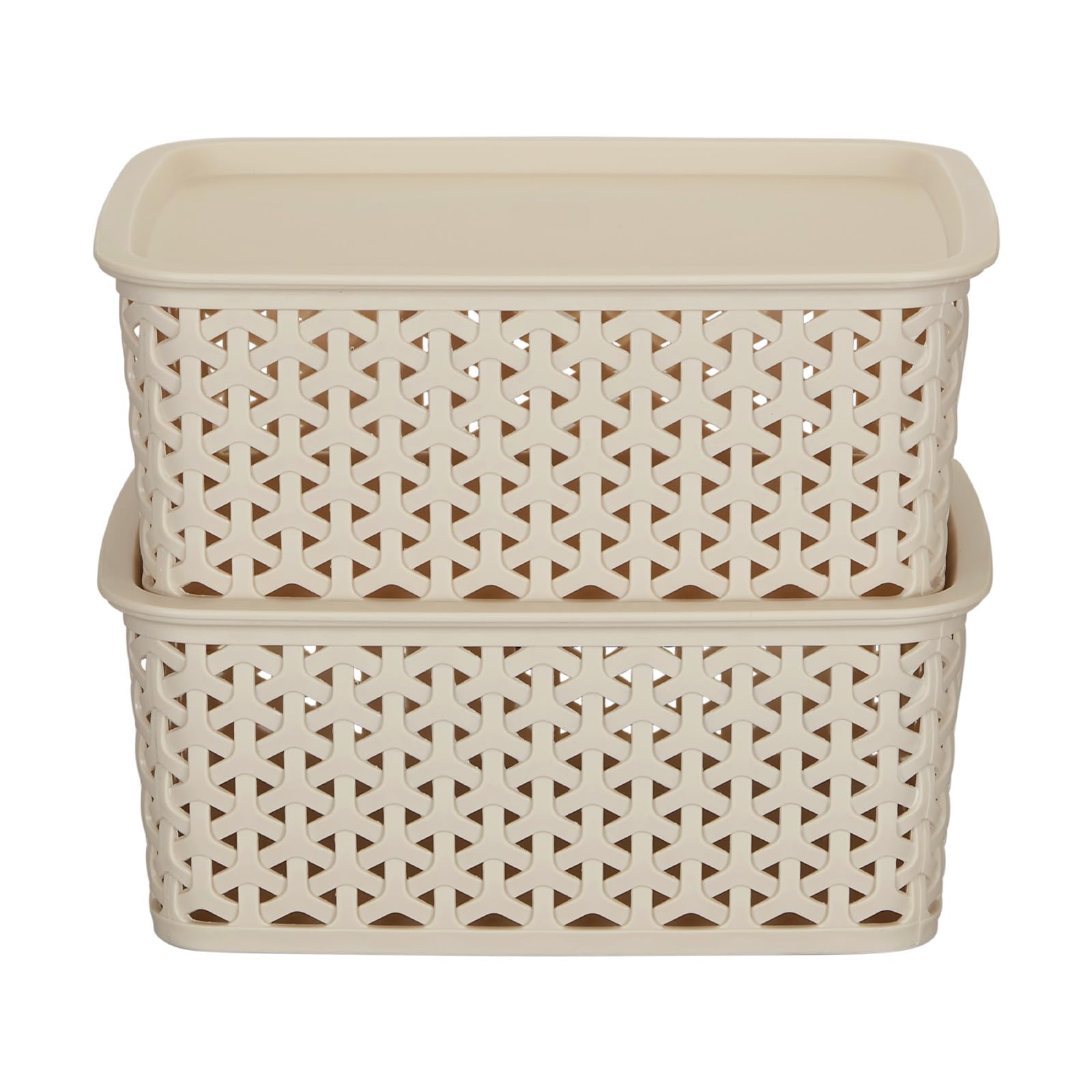 Bel Casa Royal Basket Small (Pack of 2 With lids) Multipurpose Plastic Storage Rectangular Baskets For Cosmetics Stationary Wardrobe Kitchen Washrooom & Livingroom I TWIST BEIGE-image-25