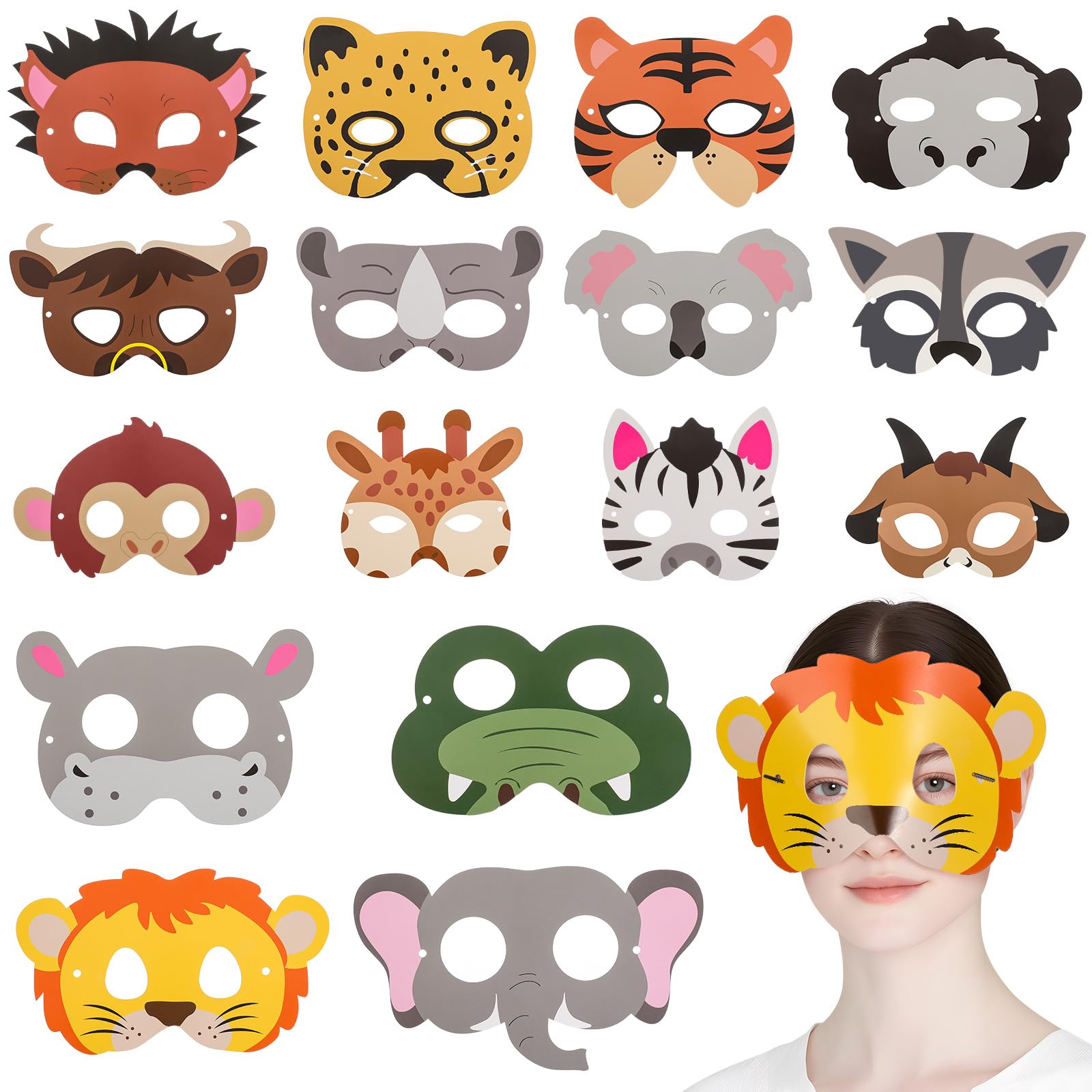 16pcs Animal Masks Paper Party Masks for Funny Jungle Animal Cosplay Comfortable for Birthdays Halloween and Dress