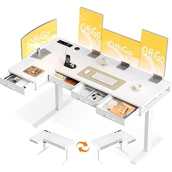 OffiGo Corner Desk Height Adjustable with 4 Drawers 160 x 80 cm White