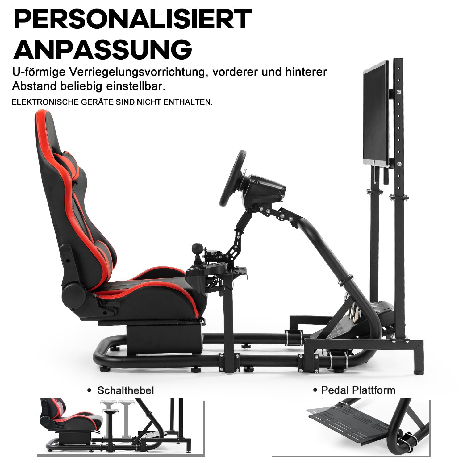 Anman G920 Racing Simulator Cockpit mit rotem Sitz und Monitorhalterung Passend für Thrustmaster T300RS GT, für Fanatec, für Logitech G27 G29 G923 ohne Handbremse, Lenkrad, Pedale und Monitor