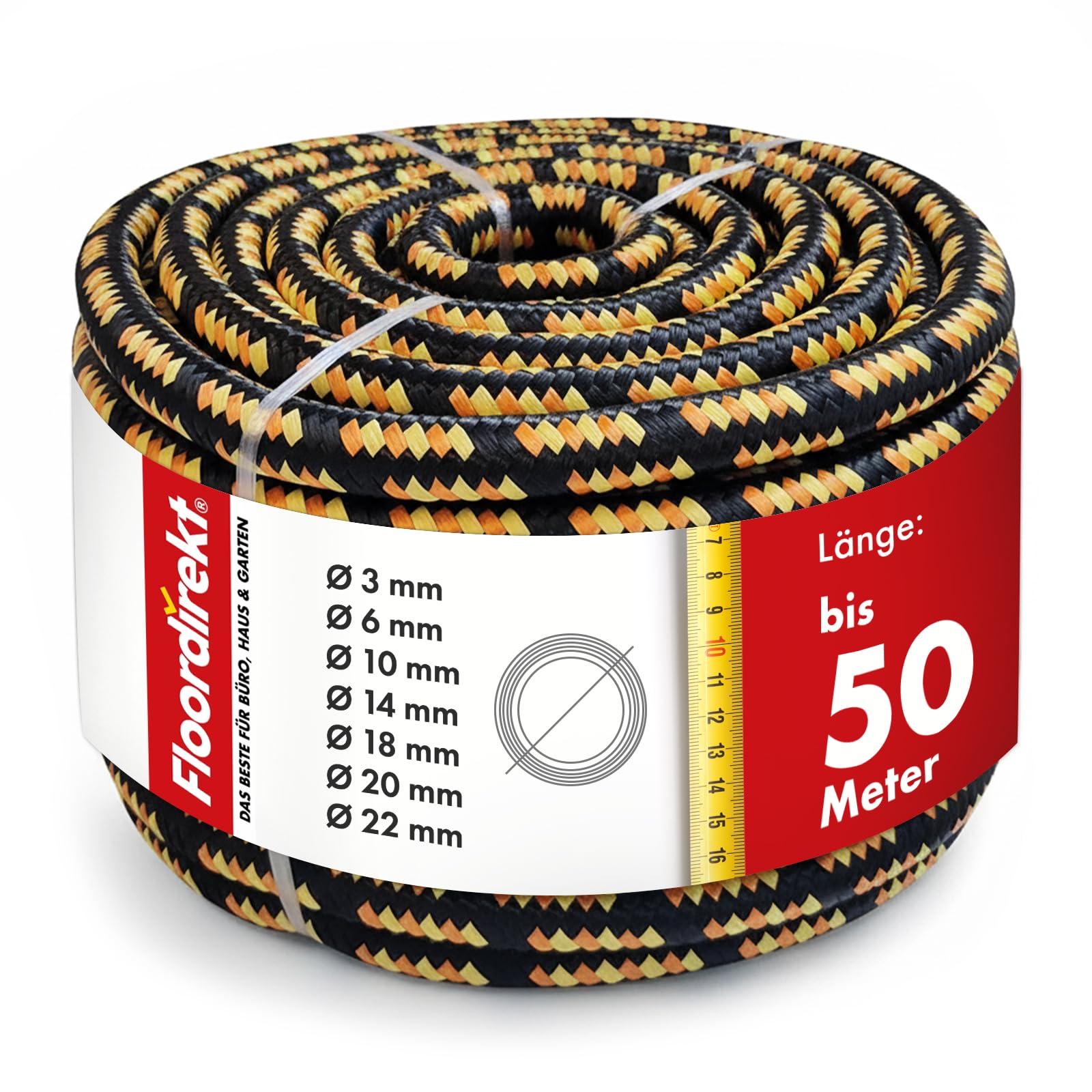 Floordirekt Polypropylen Seil K2 – 20mm 30m schwarz-orange, UV-beständig & wetterfest – strapazierfähiges PP-Seil für Garten, Camping, Boot & Landwirtschaft