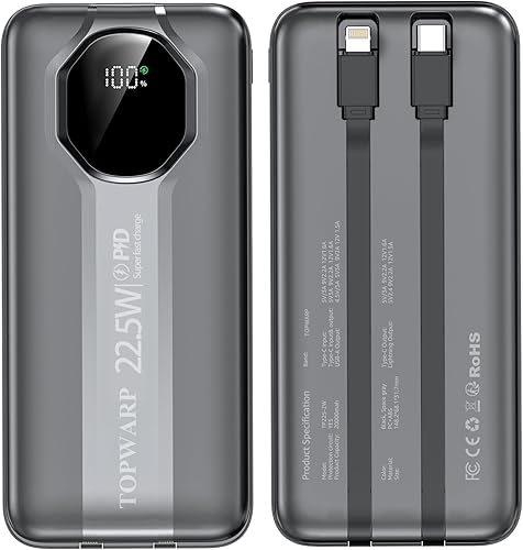 Banco de energía, 20000 mha PD 22.5 W cargador portátil con 4 canales de salida incorporados, 2 cables de salida, banco de energía de carga rápida