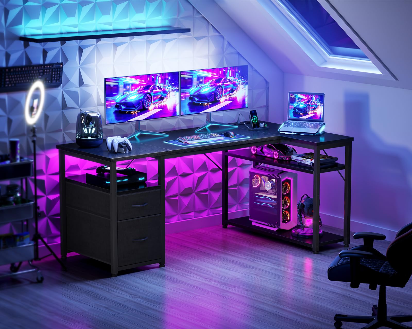 Coleshome Bureau d’Angle avec Tiroirs en Tissu, 140×80 cm Bureau Gaming Réversible avec Prises et Ports USB, Table en L avec Étagère Réglable pour Télétravail, Jeux et Études, Noir